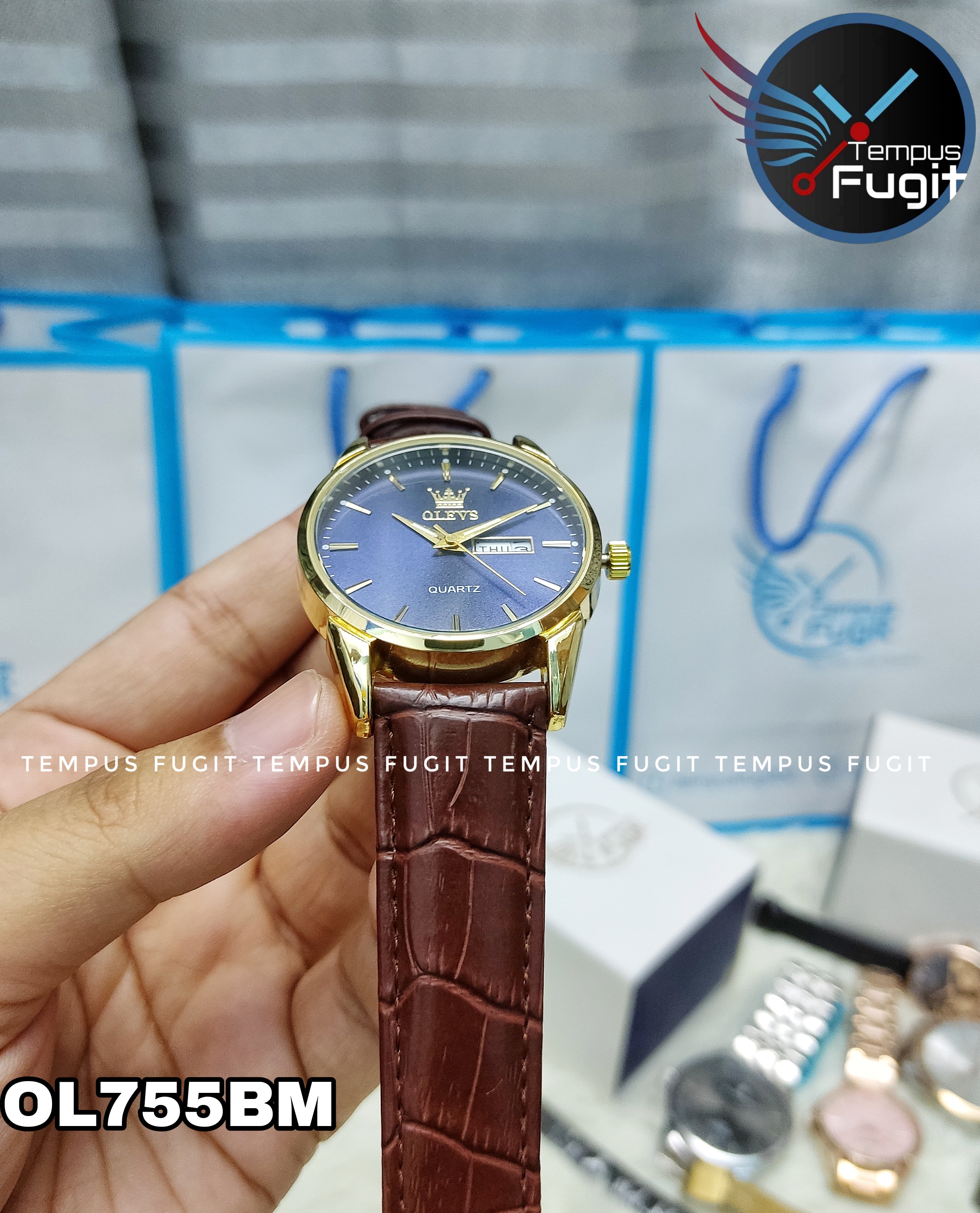 OLEVS 6898 Copy Gents Belt Watch- Blue Dial- Golden Bezel- Leather Color Belt- TF Code OL755BM_img_7