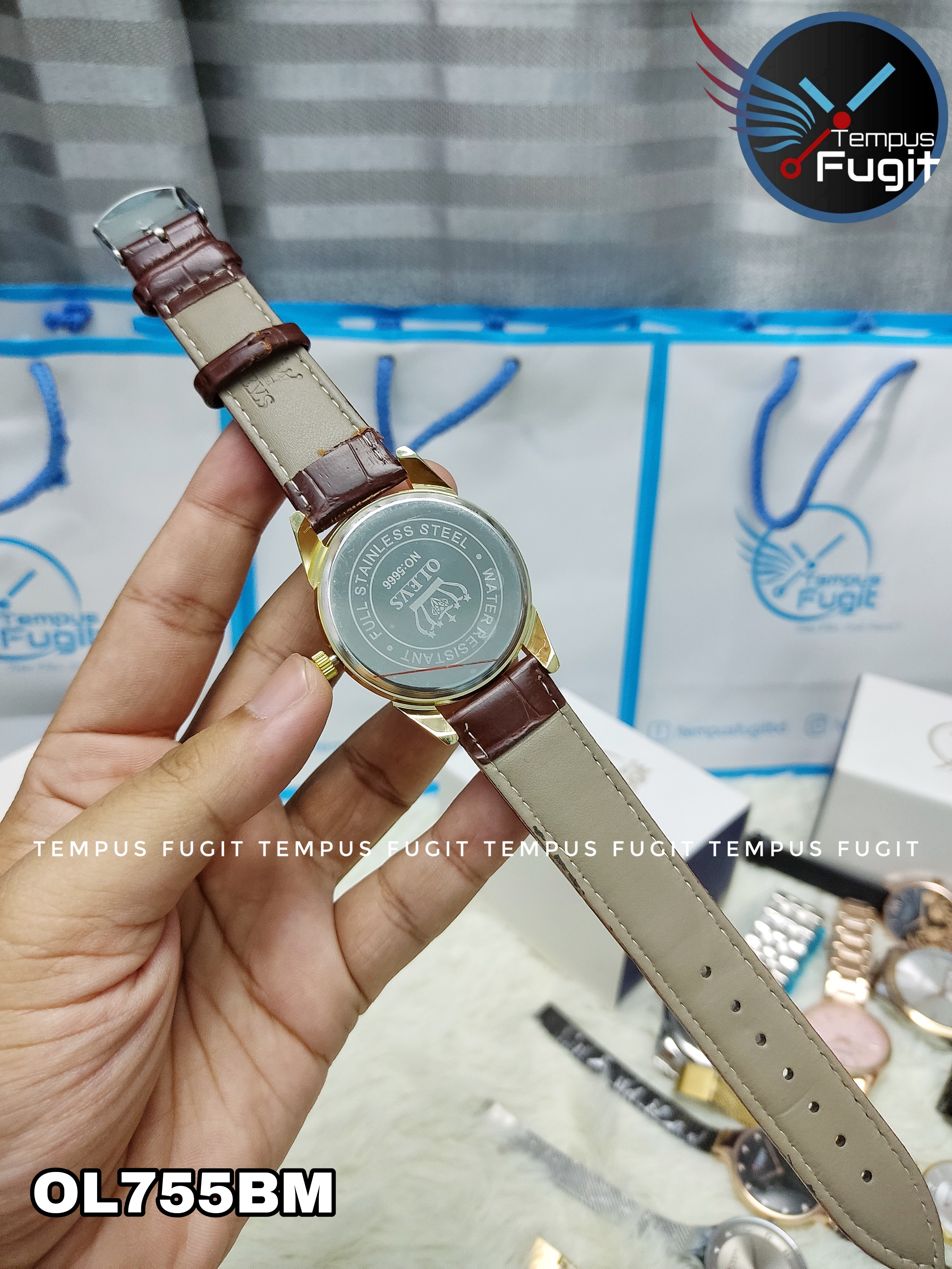 OLEVS 6898 Copy Gents Belt Watch- Blue Dial- Golden Bezel- Leather Color Belt- TF Code OL755BM_img_8