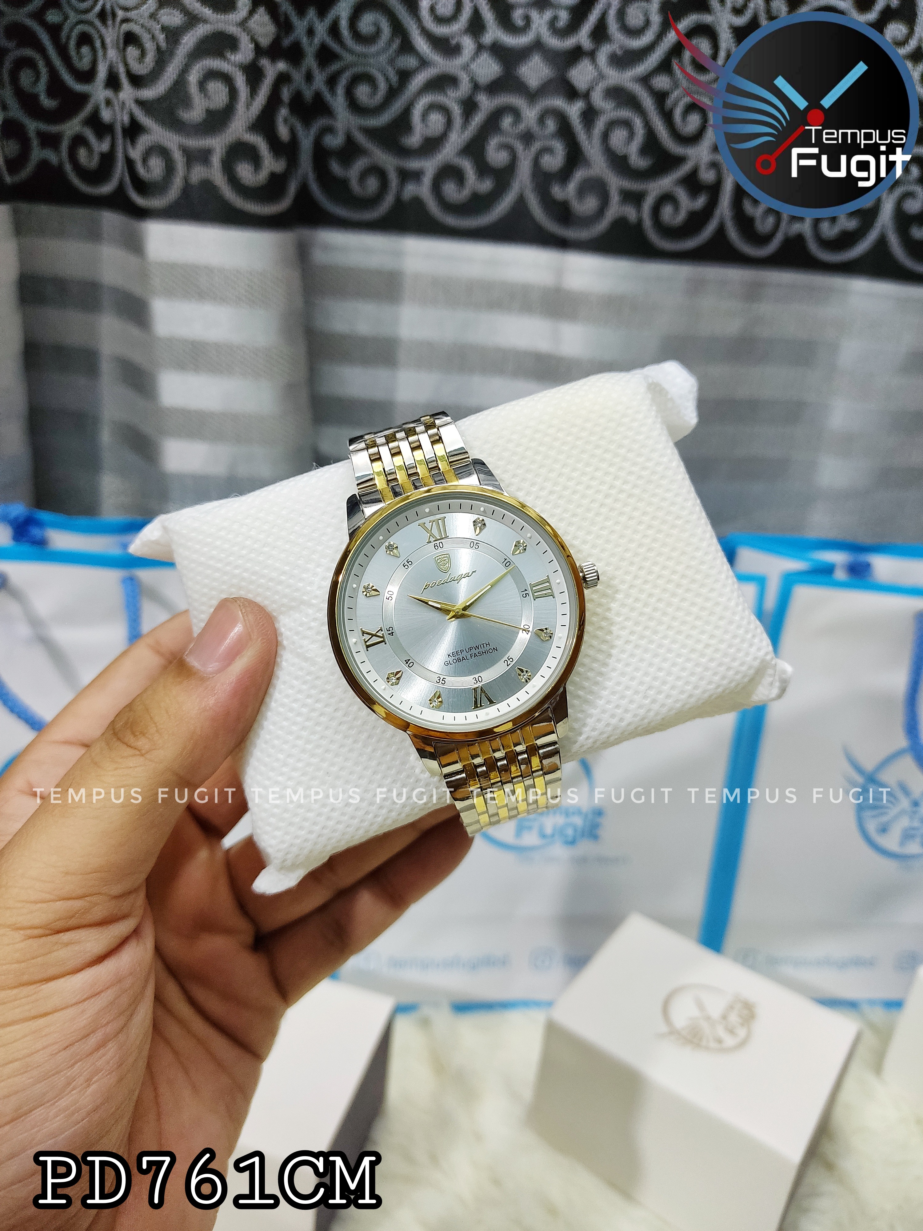 Poedagar 836 Copy Gents Chain Watch- Silver Dial- Golden Bezel- Silver+Golden Chain- TF Code PD761CM_img_0