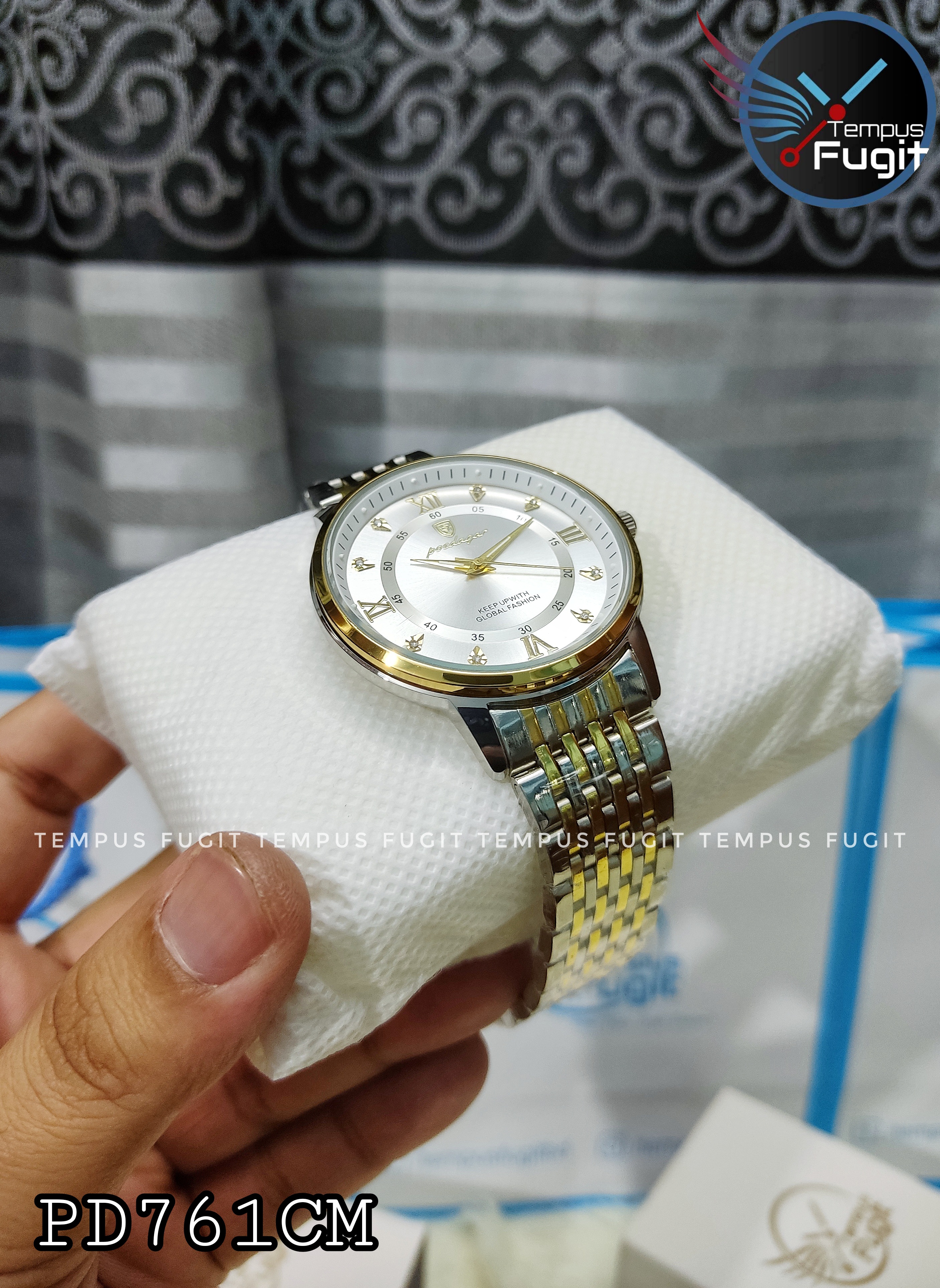 Poedagar 836 Copy Gents Chain Watch- Silver Dial- Golden Bezel- Silver+Golden Chain- TF Code PD761CM_img_1