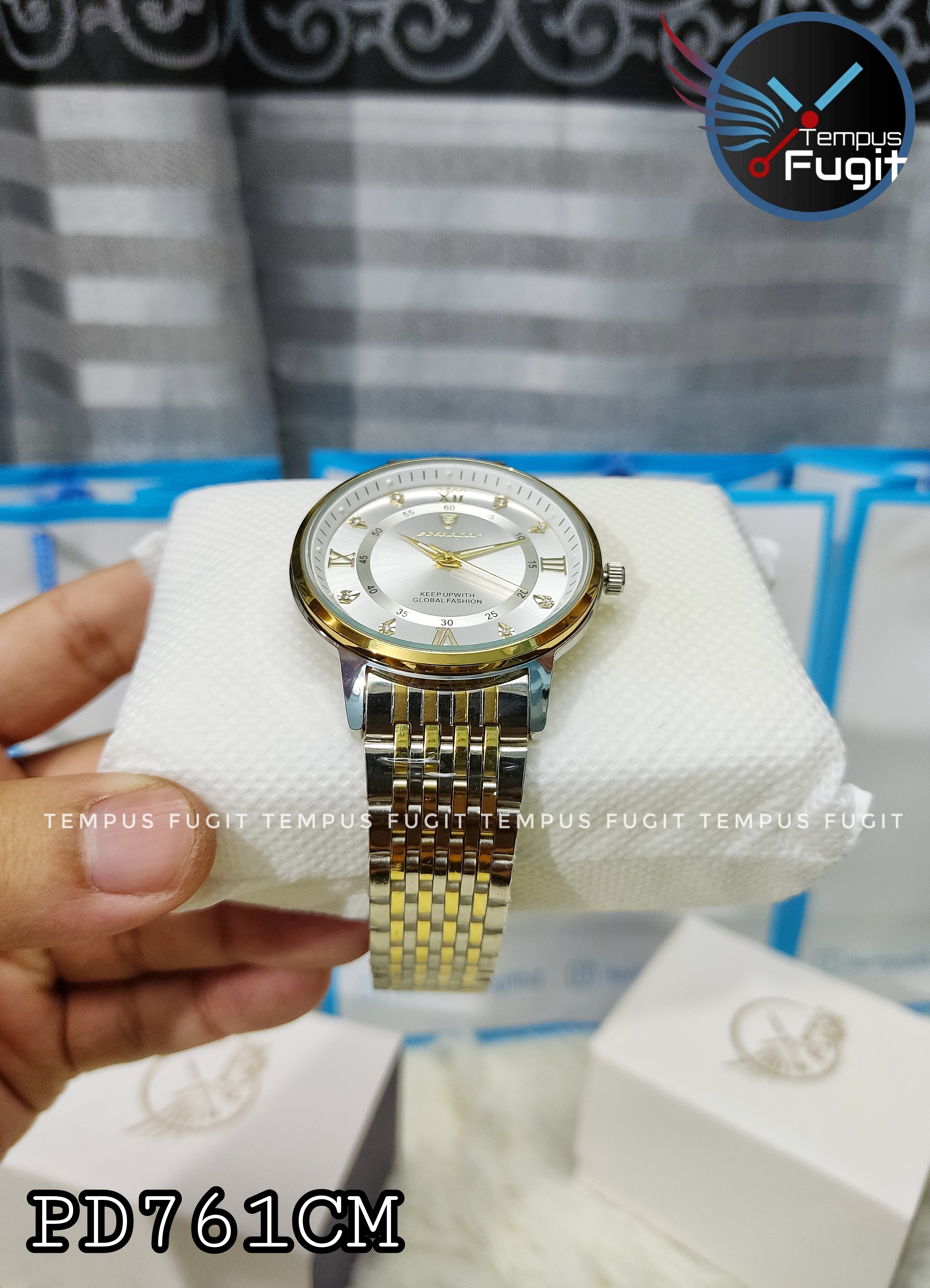 Poedagar 836 Copy Gents Chain Watch- Silver Dial- Golden Bezel- Silver+Golden Chain- TF Code PD761CM_img_2