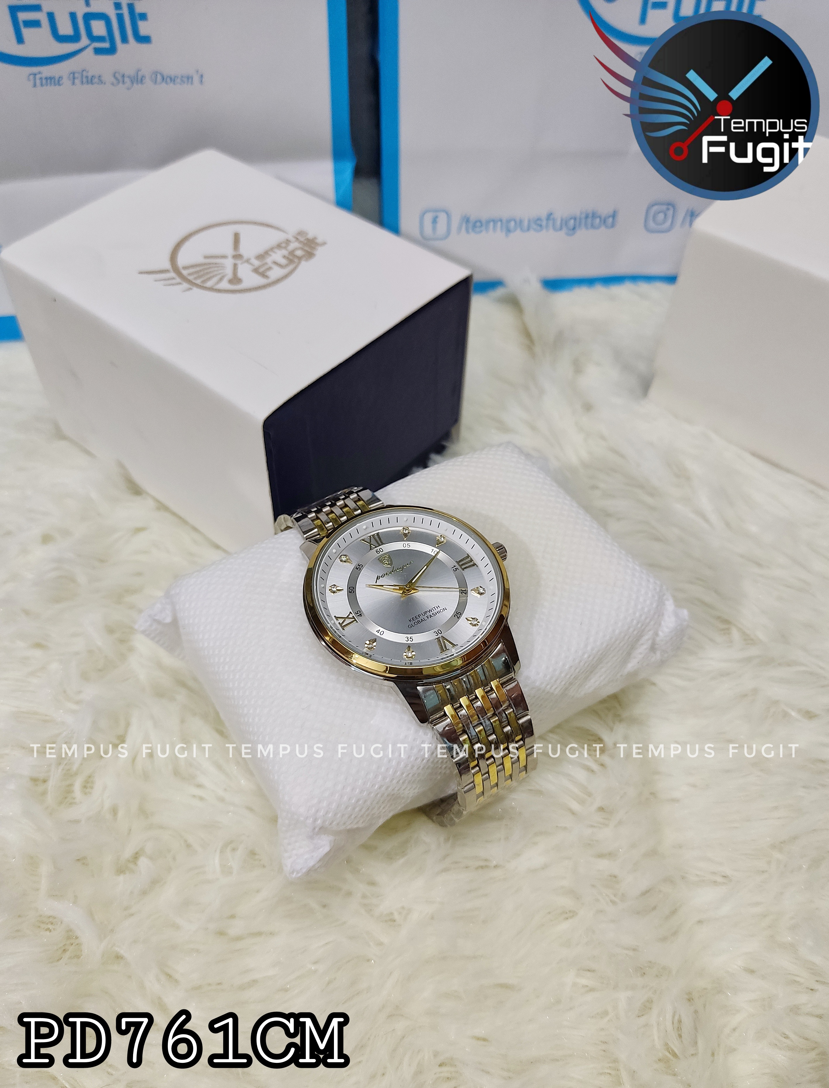Poedagar 836 Copy Gents Chain Watch- Silver Dial- Golden Bezel- Silver+Golden Chain- TF Code PD761CM_img_3