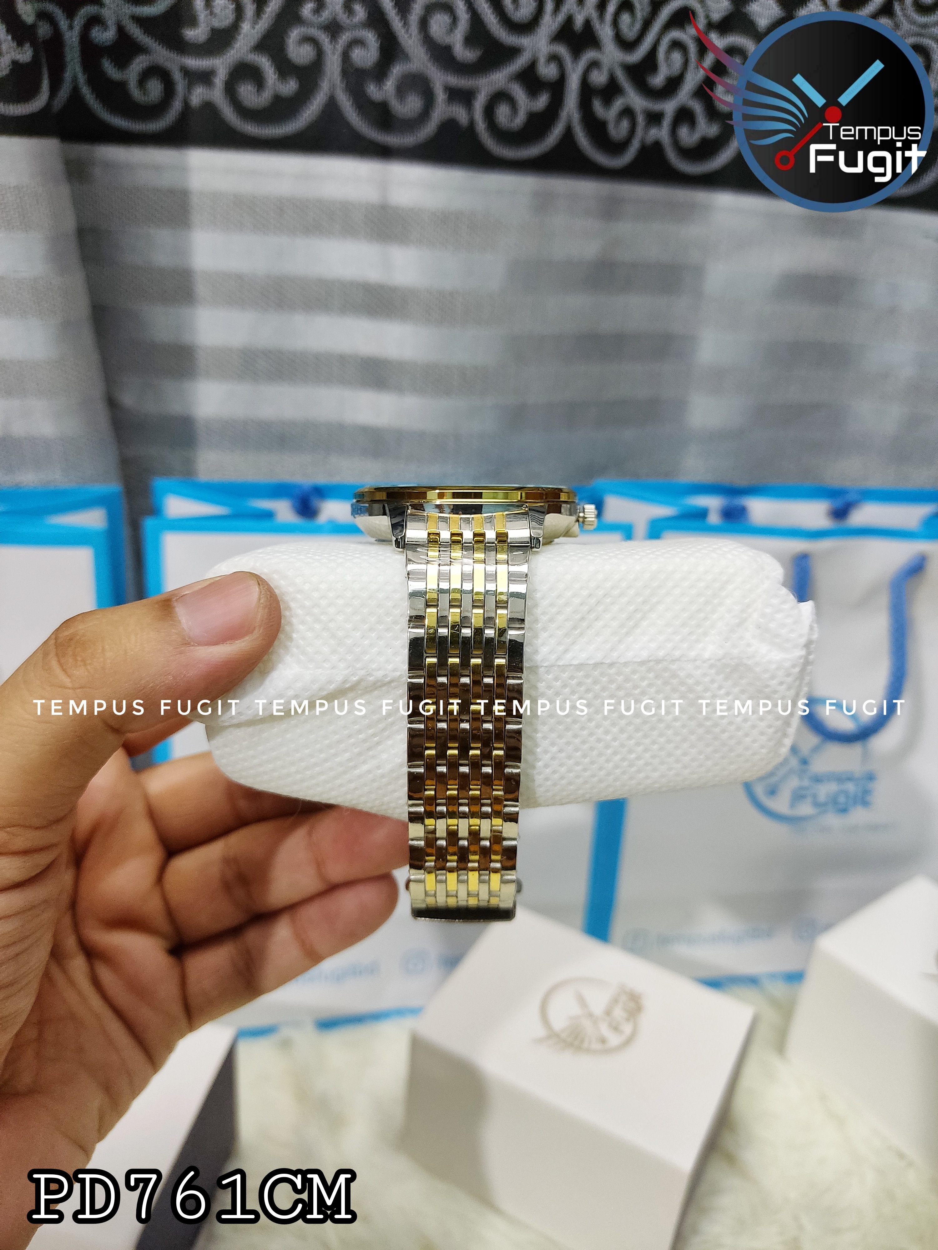 Poedagar 836 Copy Gents Chain Watch- Silver Dial- Golden Bezel- Silver+Golden Chain- TF Code PD761CM_img_4