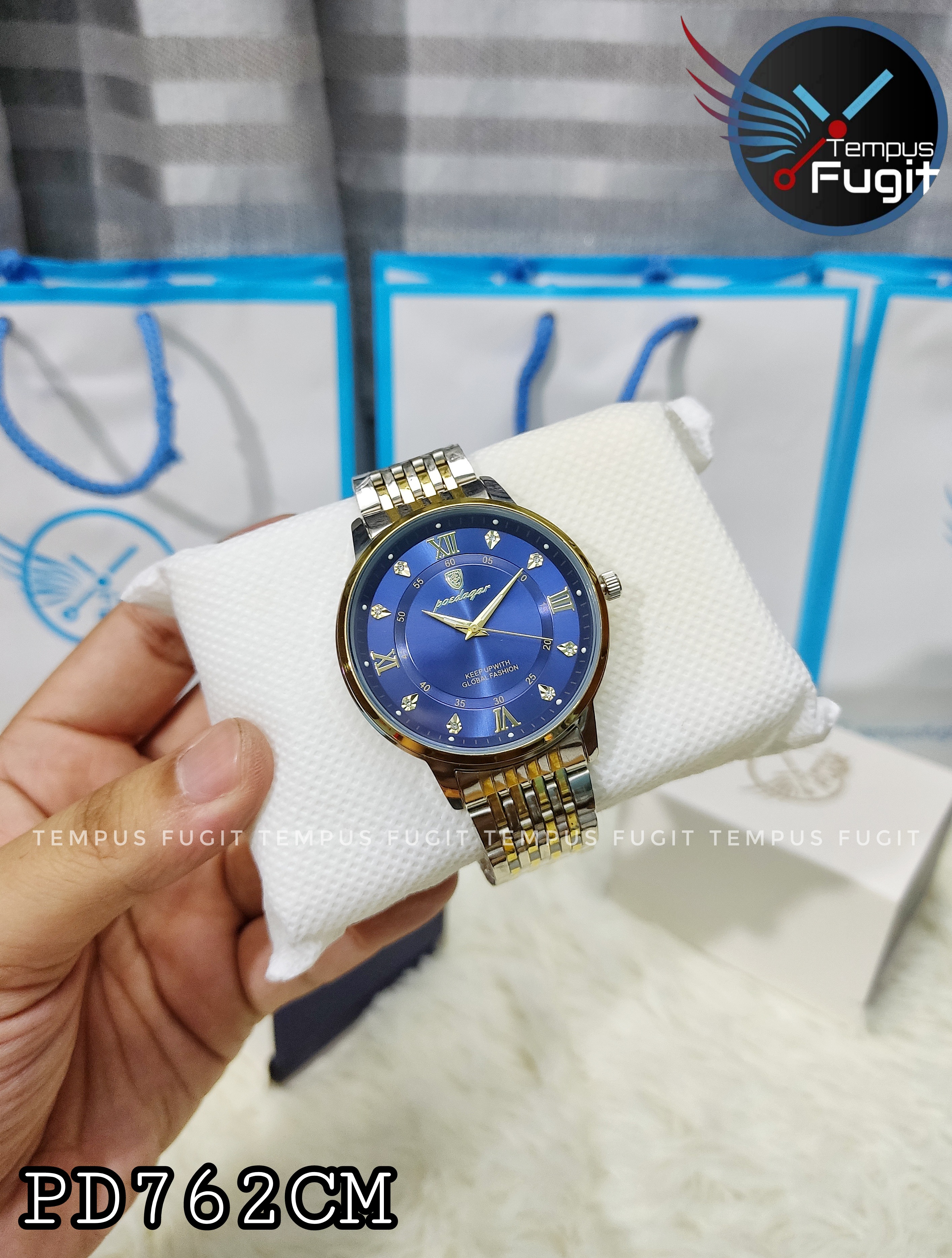 Poedagar 836 Copy Gents Chain Watch- Blue Dial- Golden Bezel- Silver+Golden Chain- TF Code PD762CM_img_0