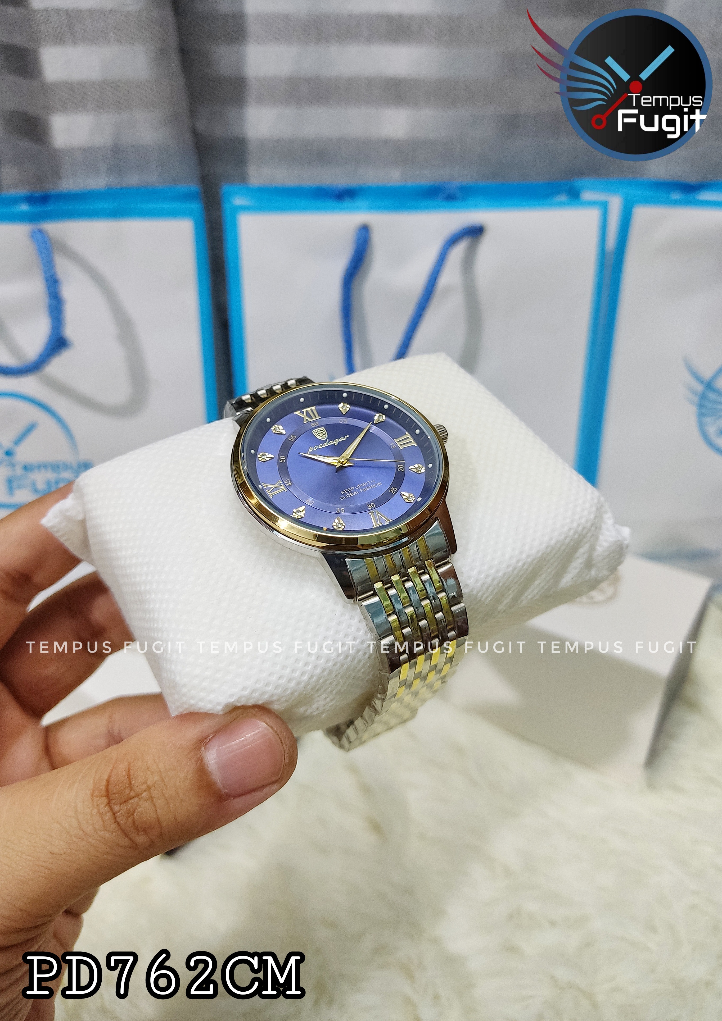 Poedagar 836 Copy Gents Chain Watch- Blue Dial- Golden Bezel- Silver+Golden Chain- TF Code PD762CM_img_1