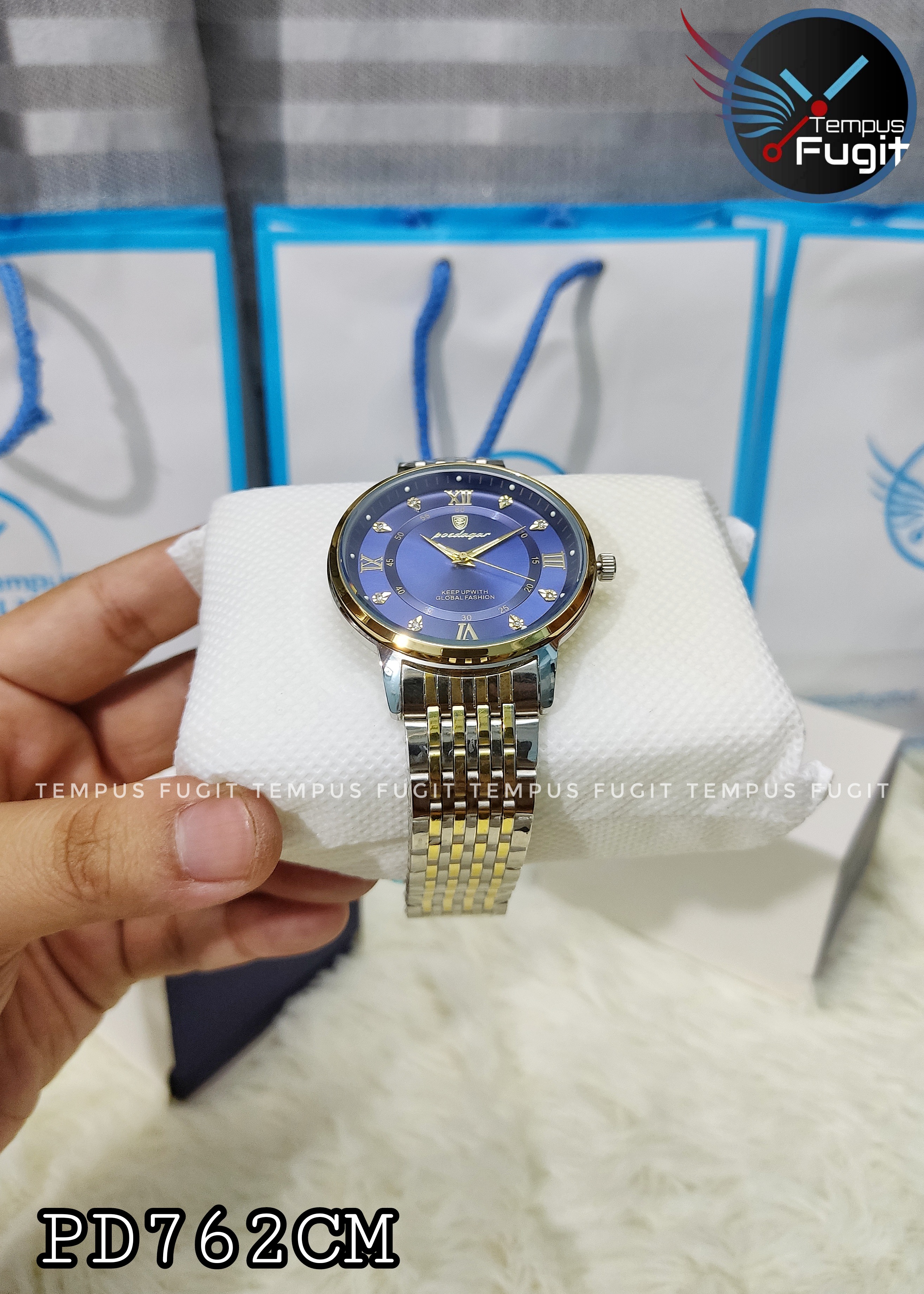 Poedagar 836 Copy Gents Chain Watch- Blue Dial- Golden Bezel- Silver+Golden Chain- TF Code PD762CM_img_2