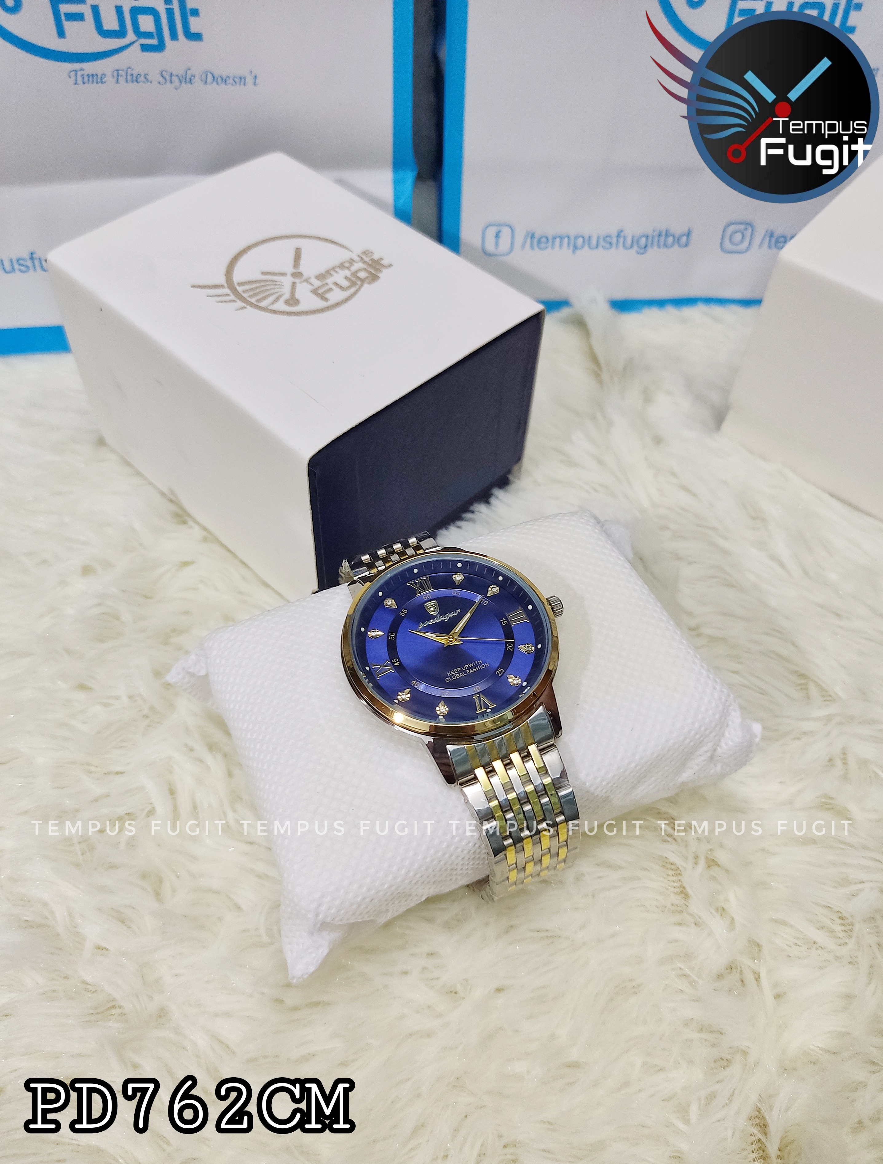 Poedagar 836 Copy Gents Chain Watch- Blue Dial- Golden Bezel- Silver+Golden Chain- TF Code PD762CM_img_3