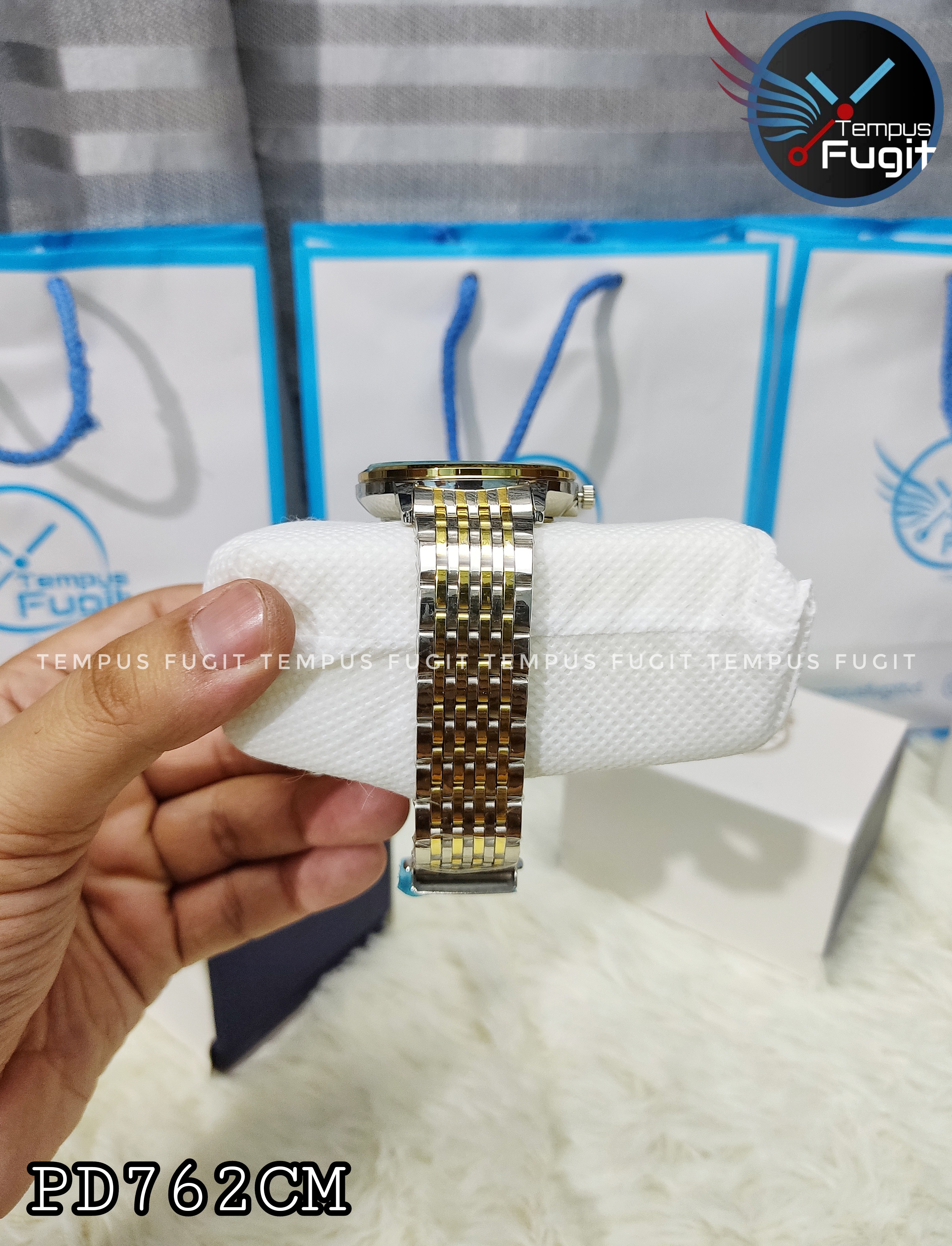 Poedagar 836 Copy Gents Chain Watch- Blue Dial- Golden Bezel- Silver+Golden Chain- TF Code PD762CM_img_4