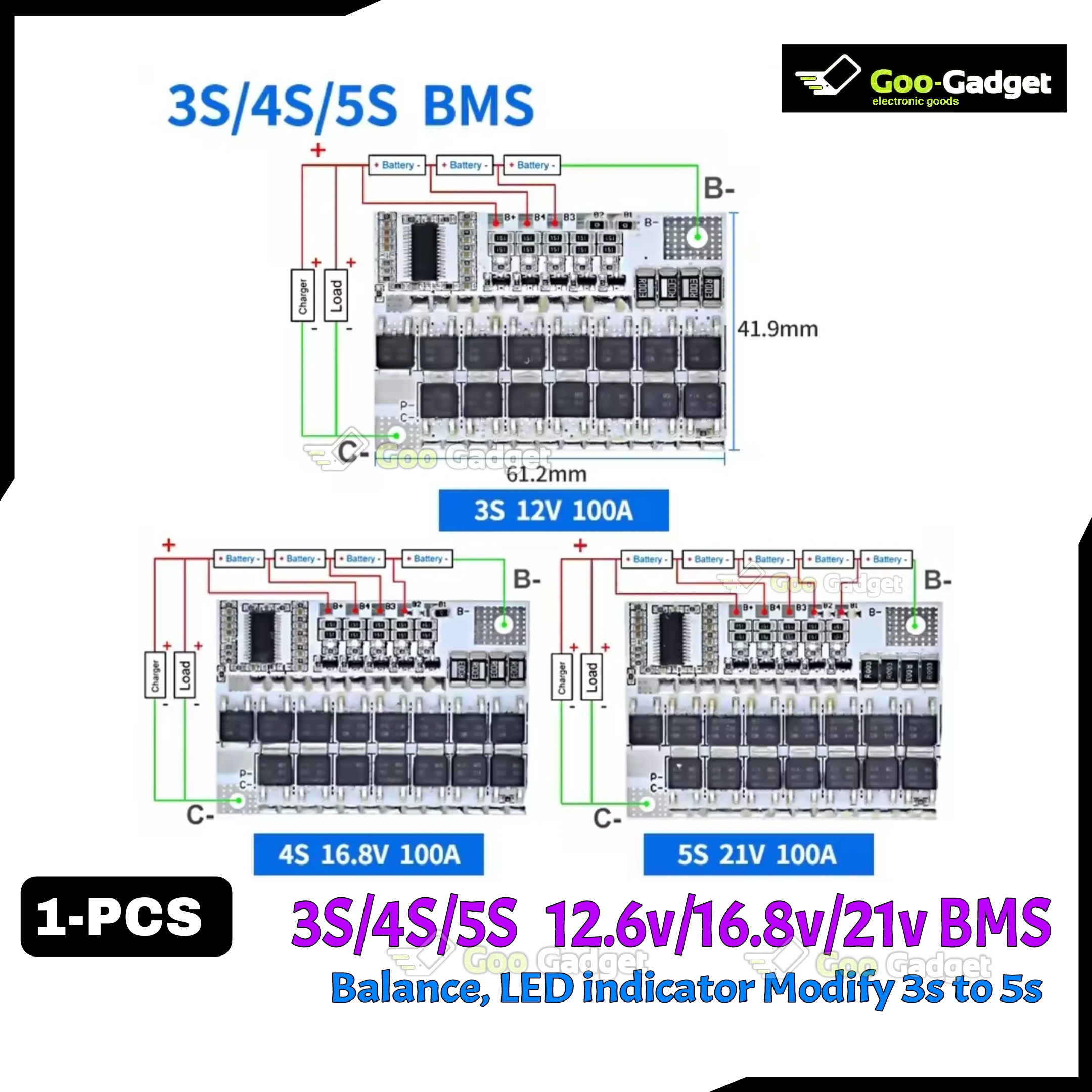 3S 100A BMS – 12V/16.8V/21V Li-ion Lithium Battery Protection Board with Balance Charging