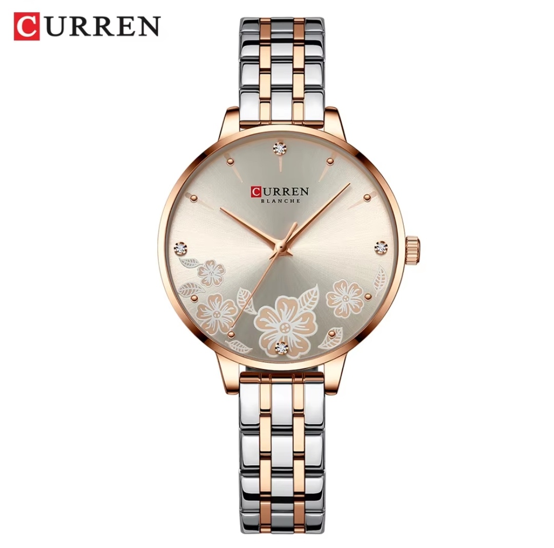 Curren 9068 Ladies Chain Watch- Creamy Silver Floral Dial- Rose Golden Bezel- Rose Golden+Silver Chain- TF Code CR914CF_img_0