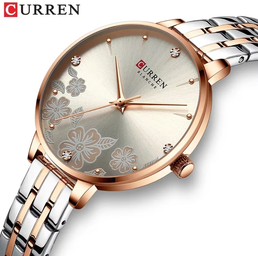 Curren 9068 Ladies Chain Watch- Creamy Silver Floral Dial- Rose Golden Bezel- Rose Golden+Silver Chain- TF Code CR914CF_img_1