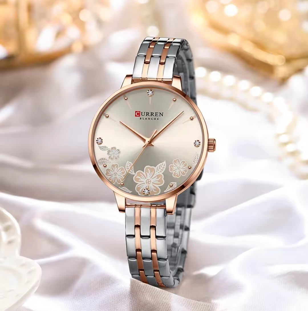 Curren 9068 Ladies Chain Watch- Creamy Silver Floral Dial- Rose Golden Bezel- Rose Golden+Silver Chain- TF Code CR914CF_img_2