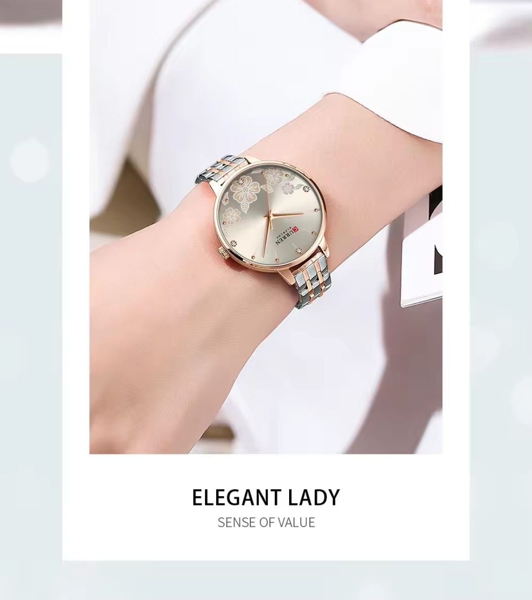 Curren 9068 Ladies Chain Watch- Creamy Silver Floral Dial- Rose Golden Bezel- Rose Golden+Silver Chain- TF Code CR914CF_img_3