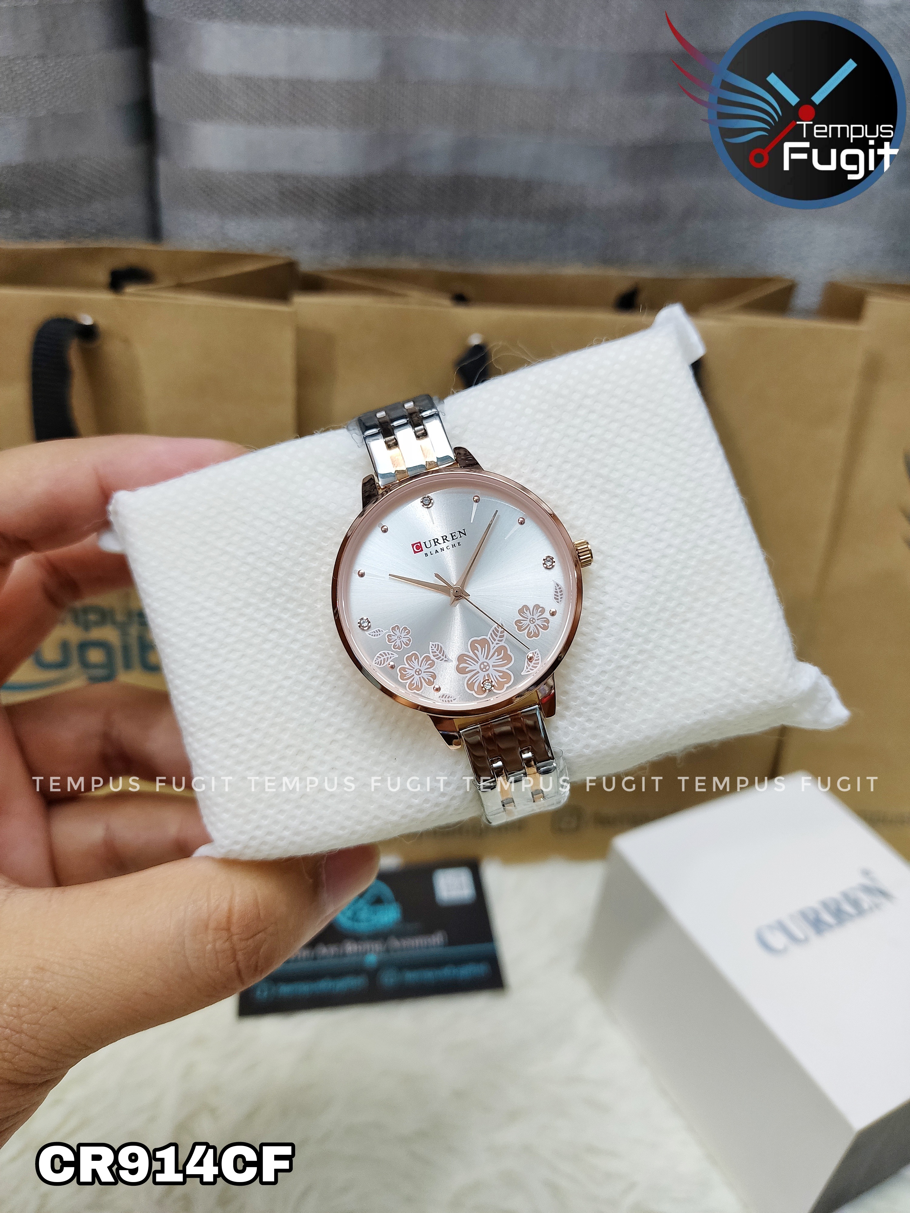 Curren 9068 Ladies Chain Watch- Creamy Silver Floral Dial- Rose Golden Bezel- Rose Golden+Silver Chain- TF Code CR914CF_img_4