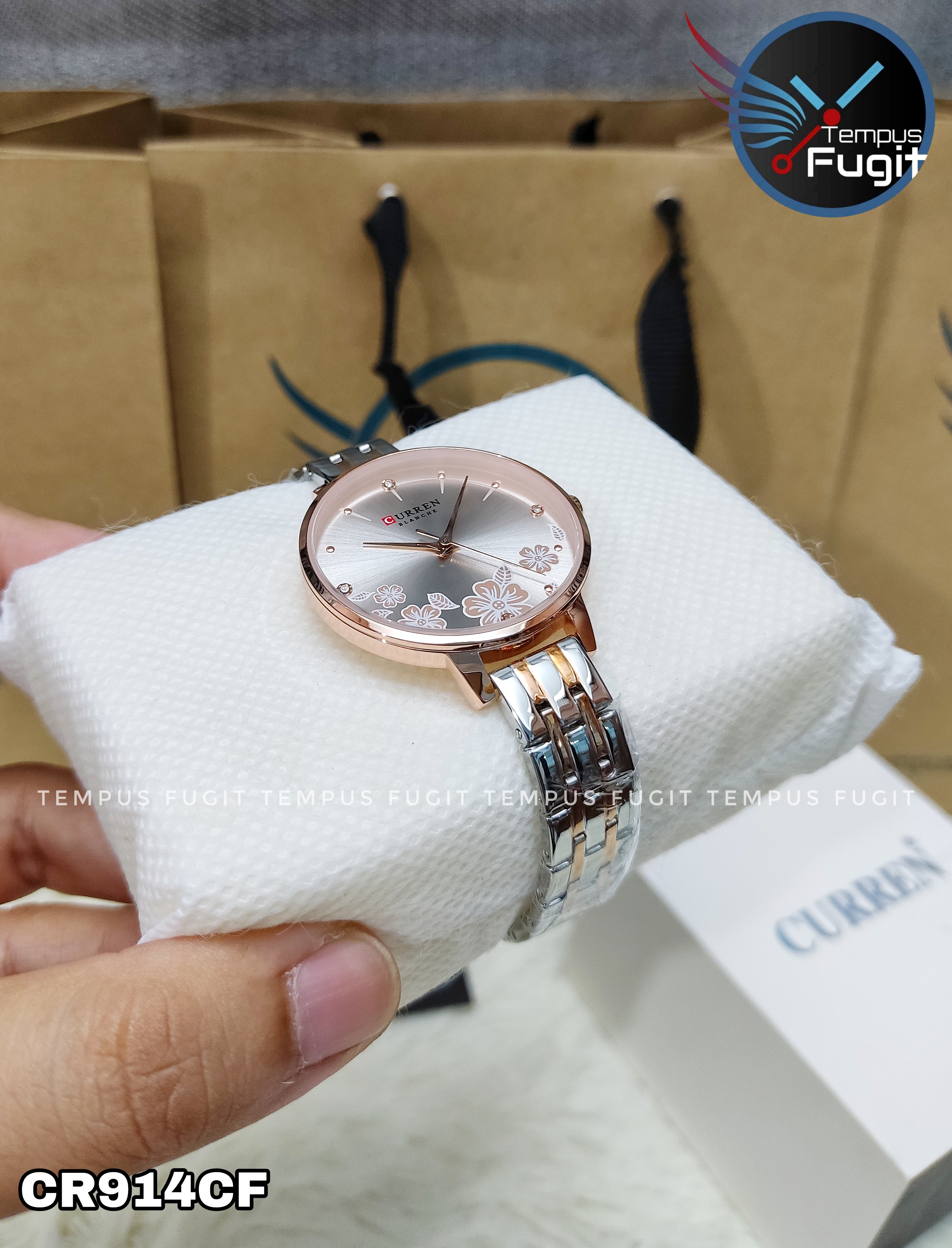 Curren 9068 Ladies Chain Watch- Creamy Silver Floral Dial- Rose Golden Bezel- Rose Golden+Silver Chain- TF Code CR914CF_img_5