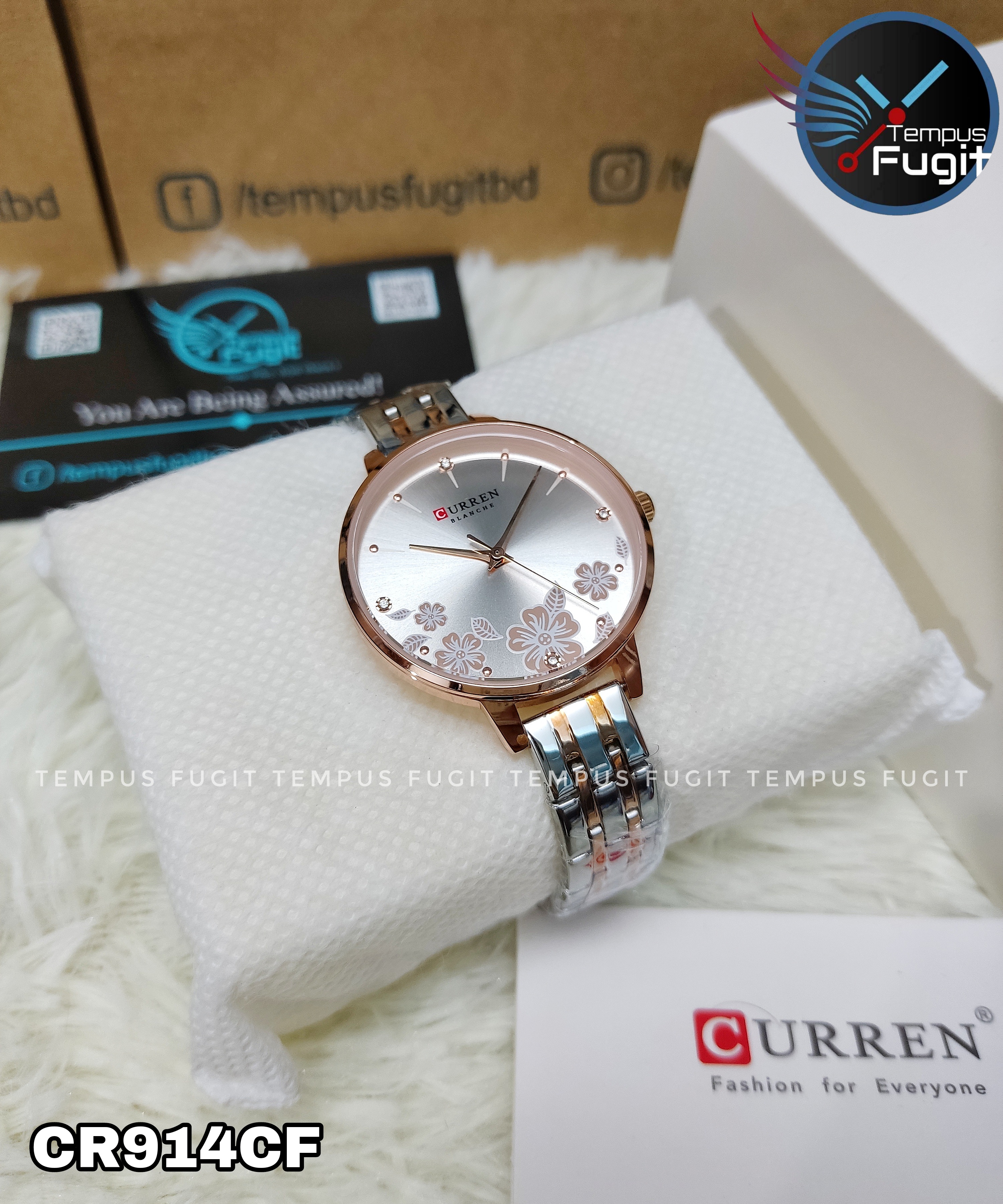 Curren 9068 Ladies Chain Watch- Creamy Silver Floral Dial- Rose Golden Bezel- Rose Golden+Silver Chain- TF Code CR914CF_img_6
