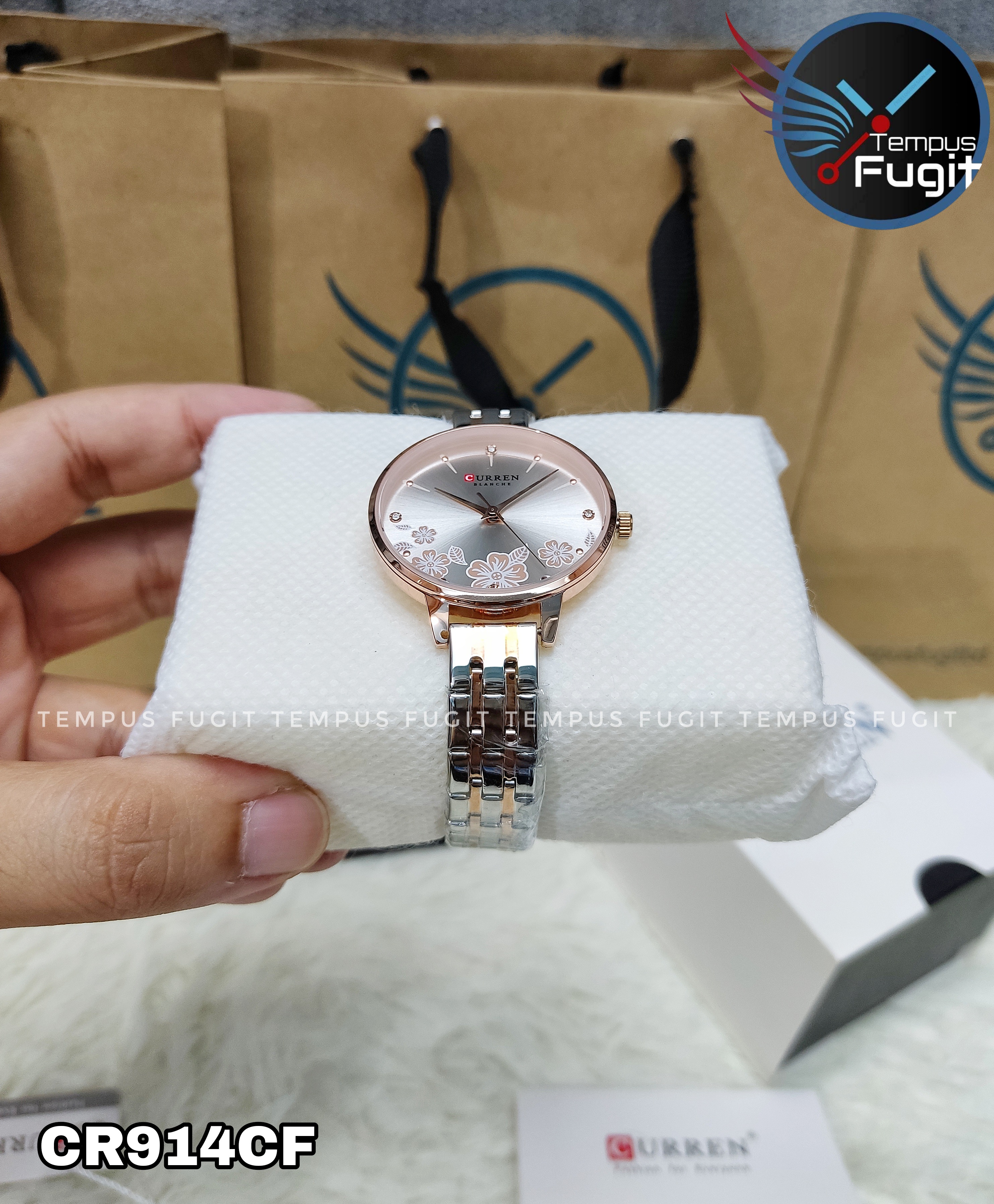 Curren 9068 Ladies Chain Watch- Creamy Silver Floral Dial- Rose Golden Bezel- Rose Golden+Silver Chain- TF Code CR914CF_img_7