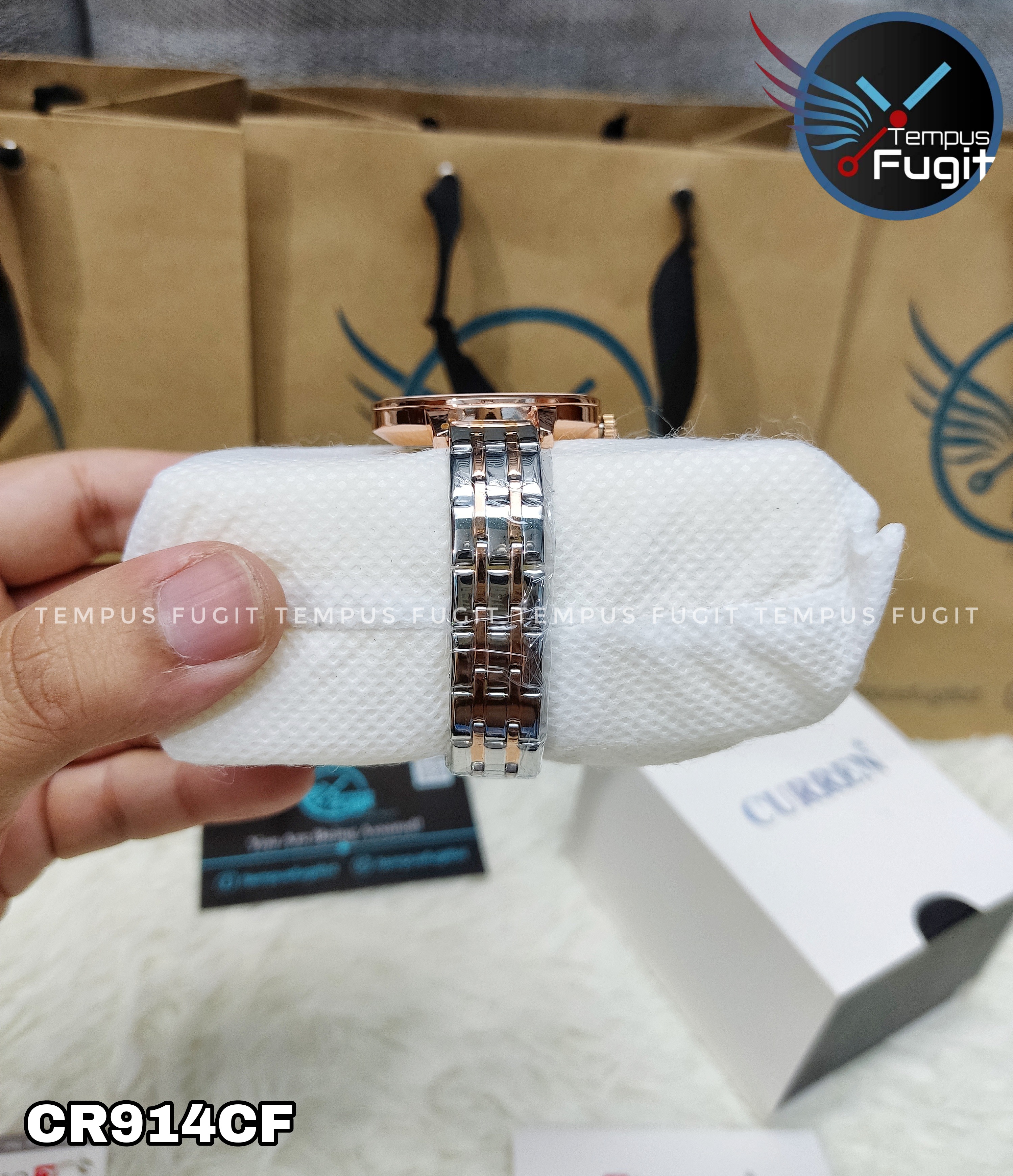 Curren 9068 Ladies Chain Watch- Creamy Silver Floral Dial- Rose Golden Bezel- Rose Golden+Silver Chain- TF Code CR914CF_img_8