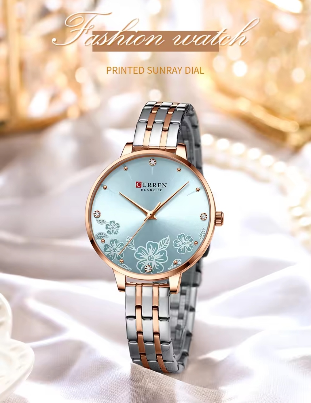 Curren 9068 Ladies Chain Watch- Floral Sea Blue Dial- Rose Golden Bezel- Rose Golden+Silver Chain- TF Code CR899CF_img_1
