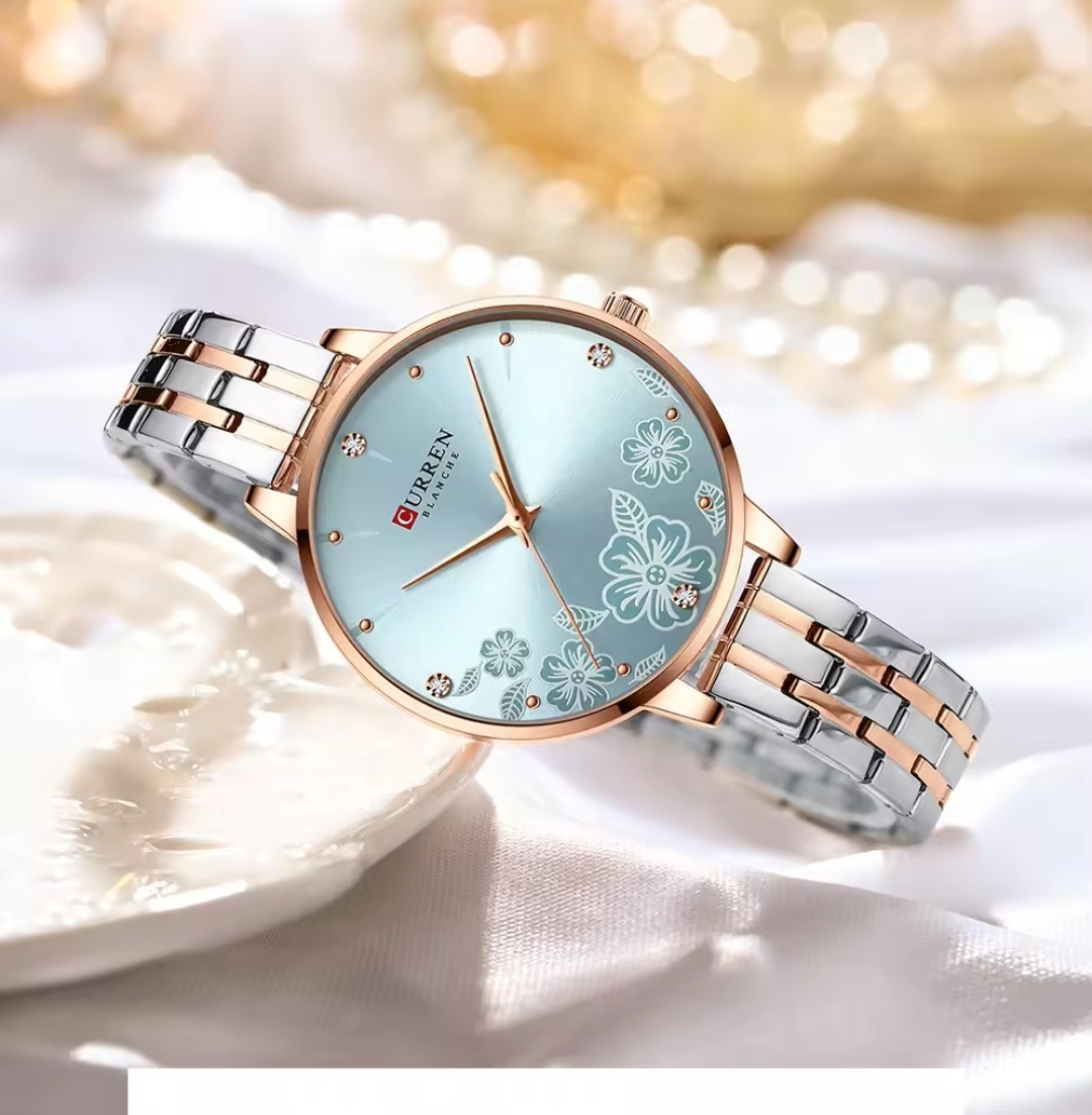 Curren 9068 Ladies Chain Watch- Floral Sea Blue Dial- Rose Golden Bezel- Rose Golden+Silver Chain- TF Code CR899CF_img_2