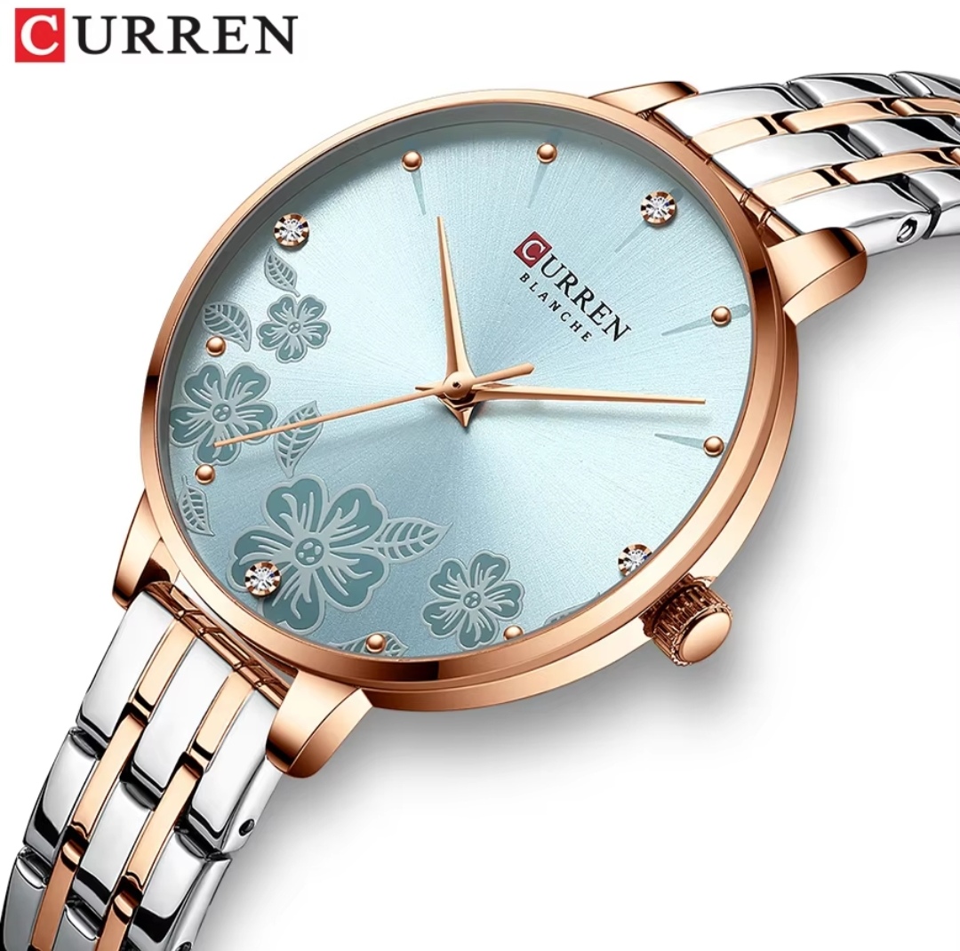 Curren 9068 Ladies Chain Watch- Floral Sea Blue Dial- Rose Golden Bezel- Rose Golden+Silver Chain- TF Code CR899CF_img_3