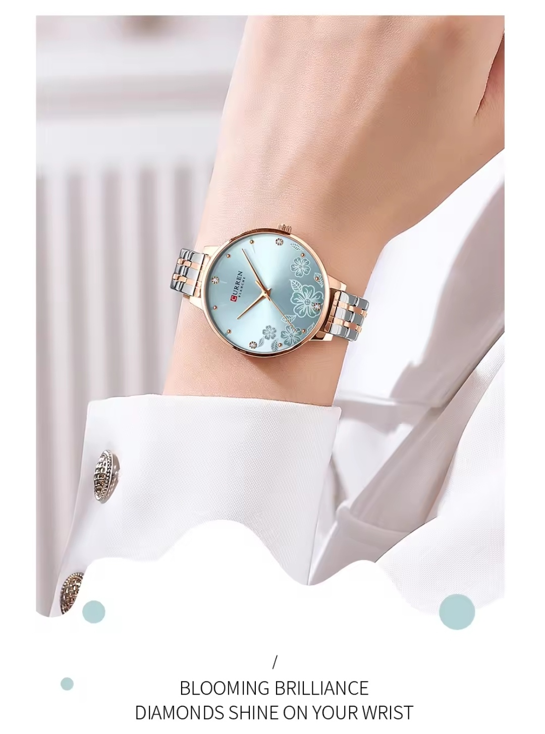 Curren 9068 Ladies Chain Watch- Floral Sea Blue Dial- Rose Golden Bezel- Rose Golden+Silver Chain- TF Code CR899CF_img_4