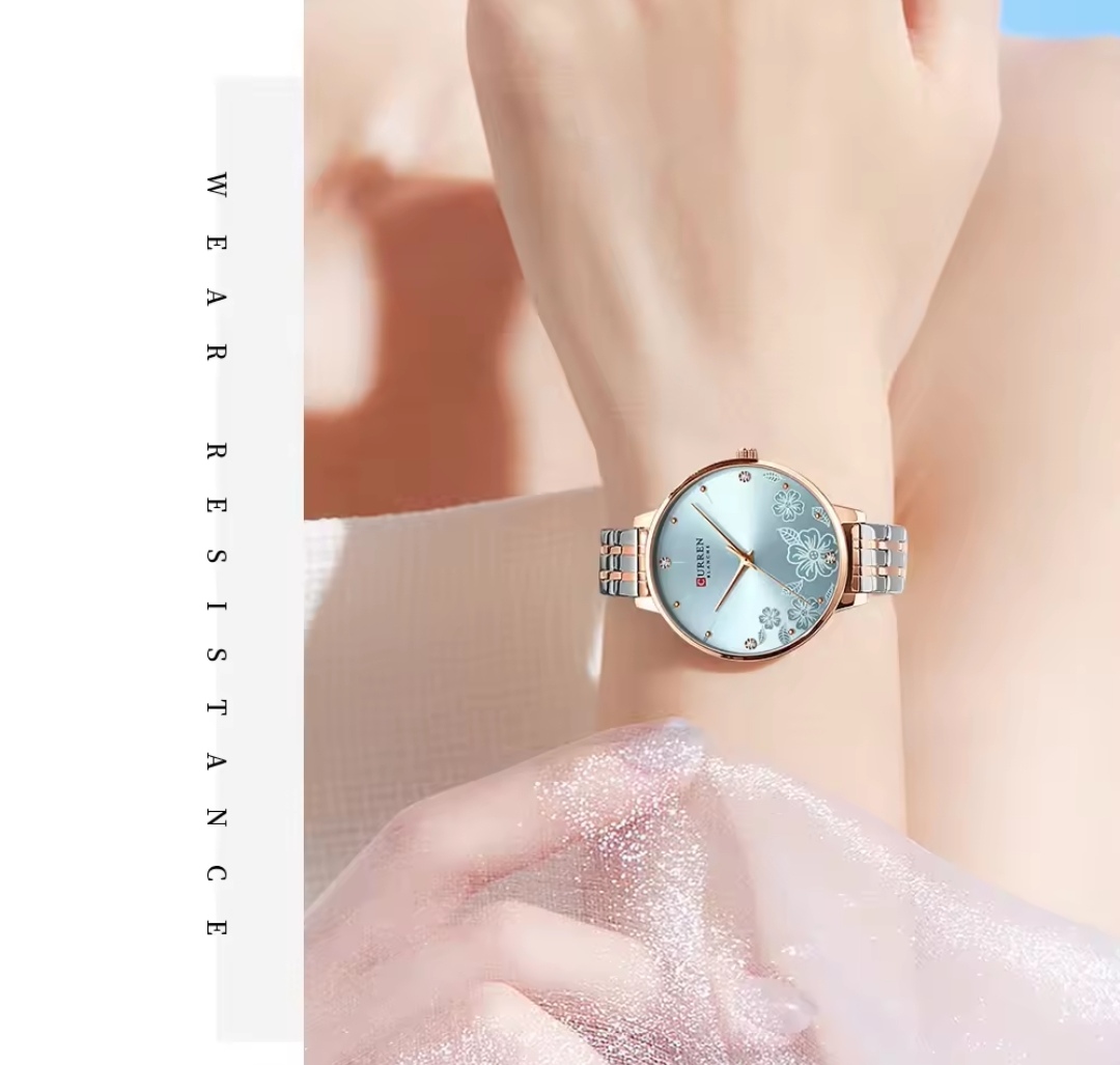 Curren 9068 Ladies Chain Watch- Floral Sea Blue Dial- Rose Golden Bezel- Rose Golden+Silver Chain- TF Code CR899CF_img_5