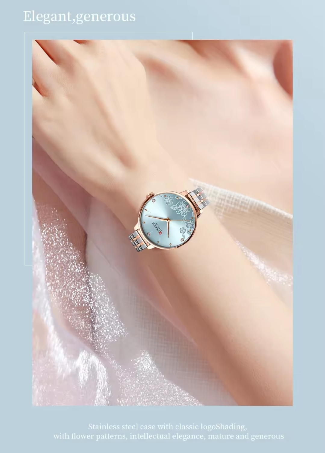 Curren 9068 Ladies Chain Watch- Floral Sea Blue Dial- Rose Golden Bezel- Rose Golden+Silver Chain- TF Code CR899CF_img_6