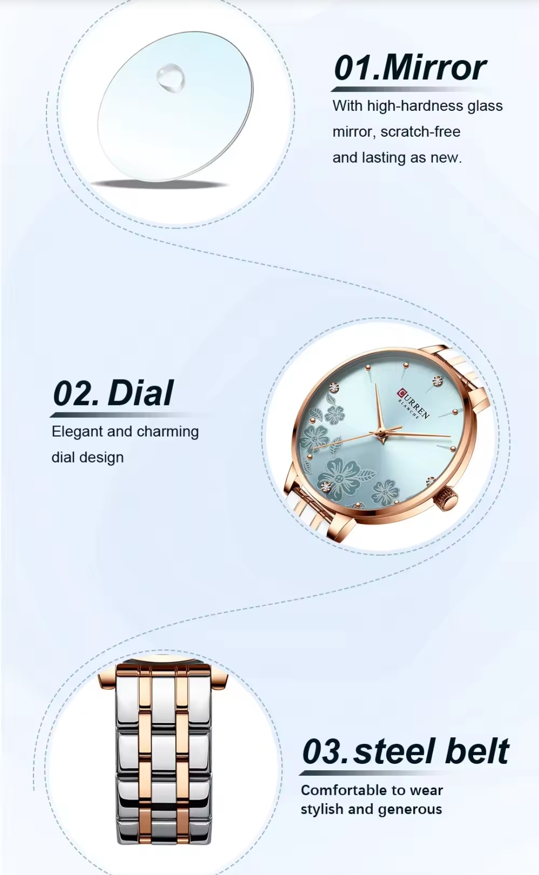 Curren 9068 Ladies Chain Watch- Floral Sea Blue Dial- Rose Golden Bezel- Rose Golden+Silver Chain- TF Code CR899CF_img_7