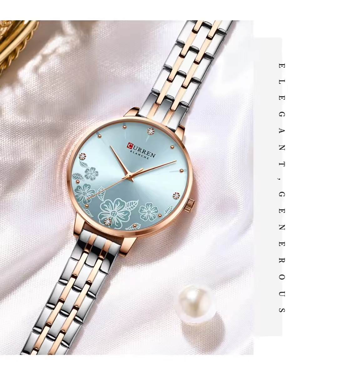 Curren 9068 Ladies Chain Watch- Floral Sea Blue Dial- Rose Golden Bezel- Rose Golden+Silver Chain- TF Code CR899CF_img_8