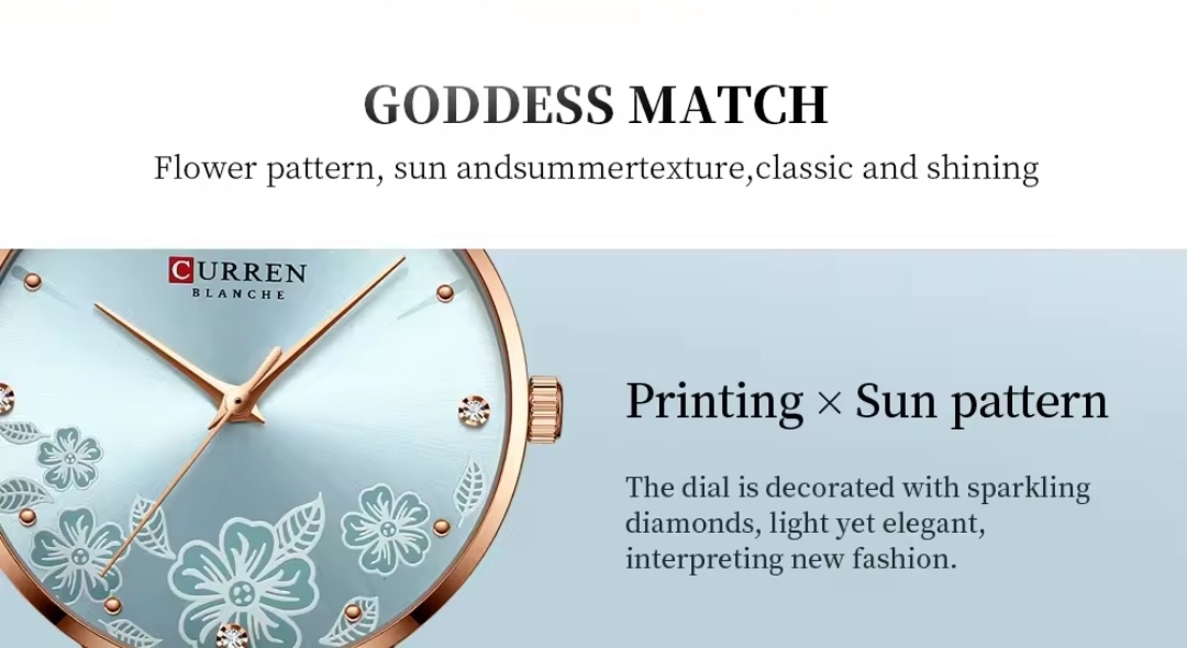 Curren 9068 Ladies Chain Watch- Floral Sea Blue Dial- Rose Golden Bezel- Rose Golden+Silver Chain- TF Code CR899CF_img_9