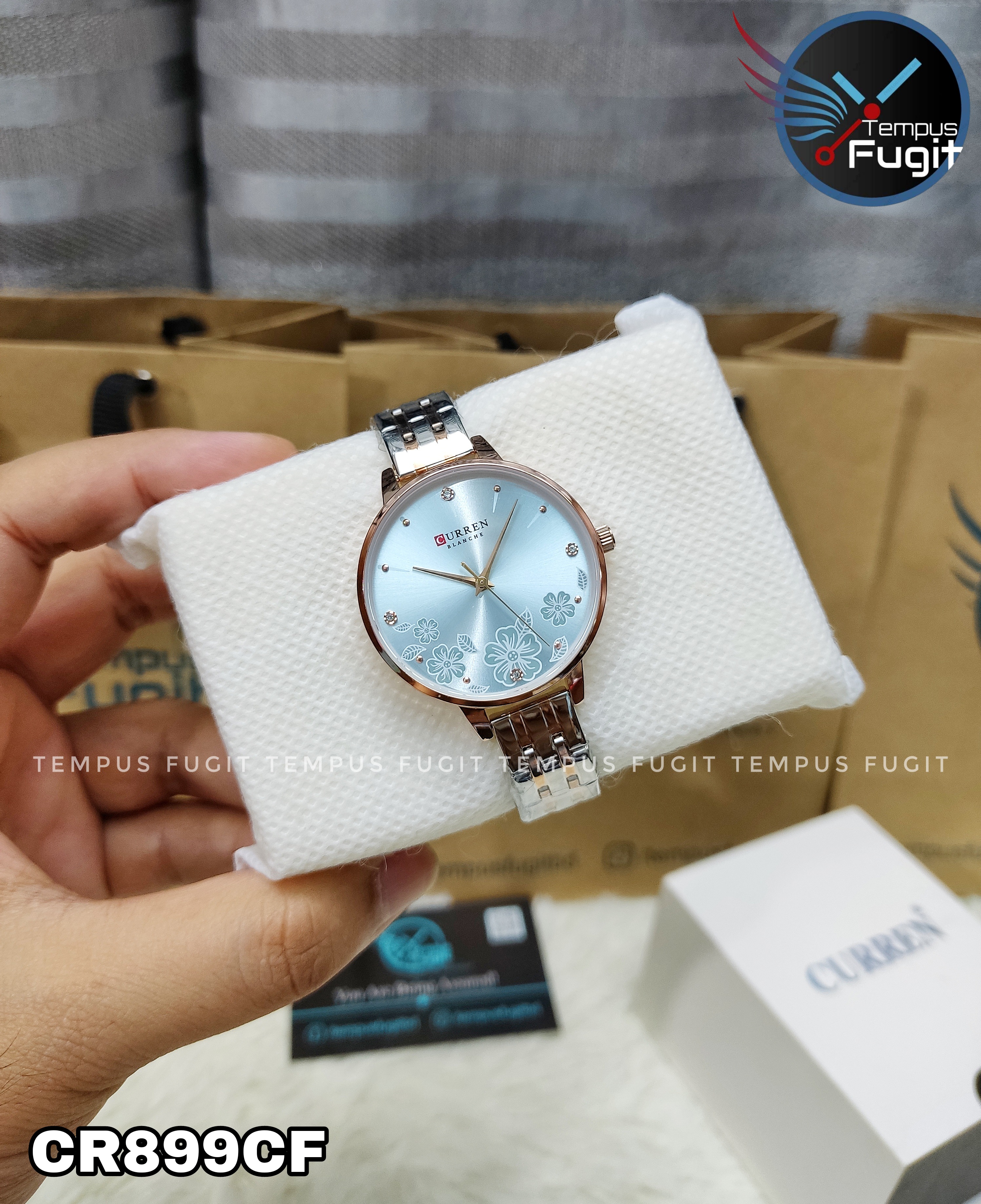 Curren 9068 Ladies Chain Watch- Floral Sea Blue Dial- Rose Golden Bezel- Rose Golden+Silver Chain- TF Code CR899CF_img_10