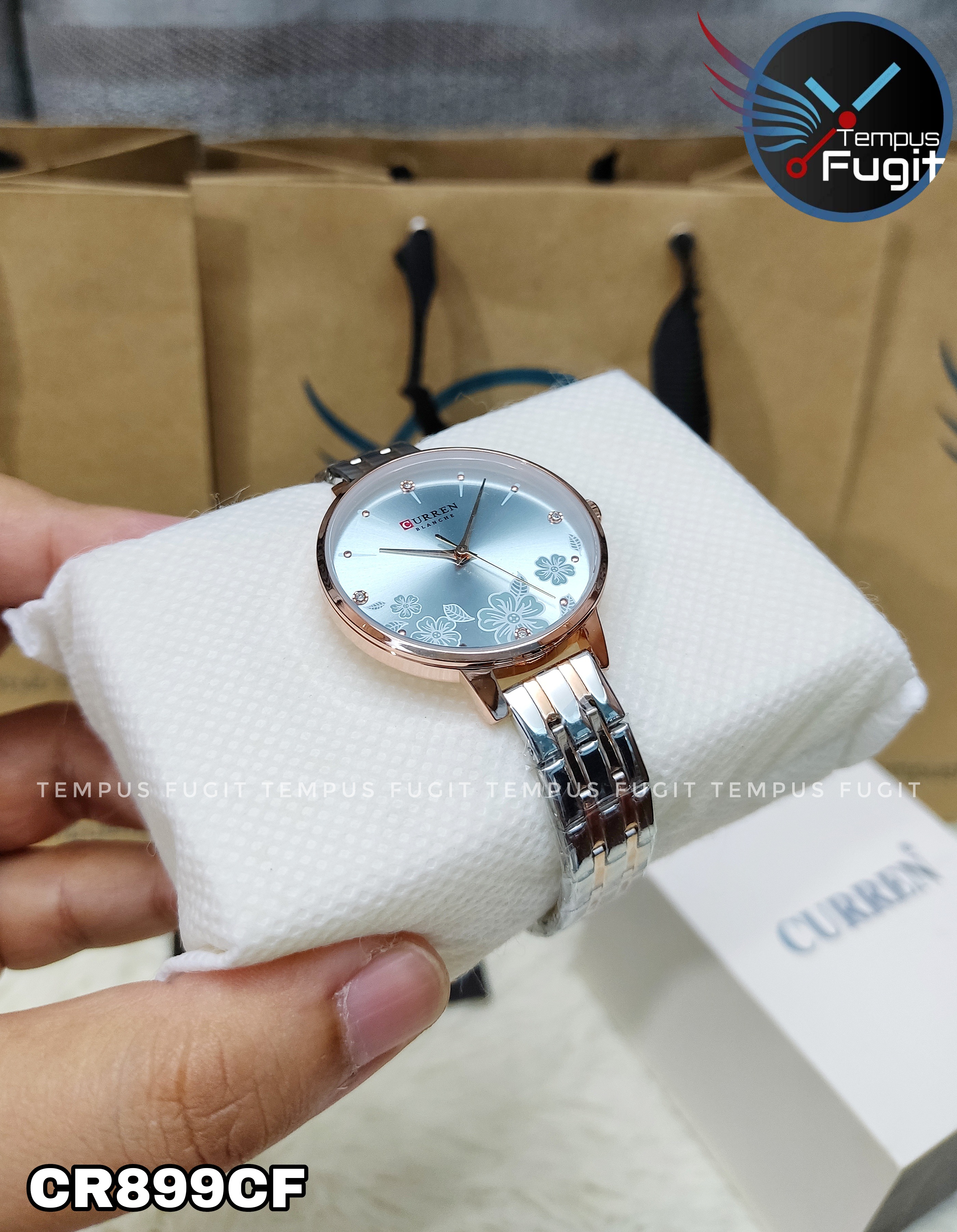 Curren 9068 Ladies Chain Watch- Floral Sea Blue Dial- Rose Golden Bezel- Rose Golden+Silver Chain- TF Code CR899CF_img_11