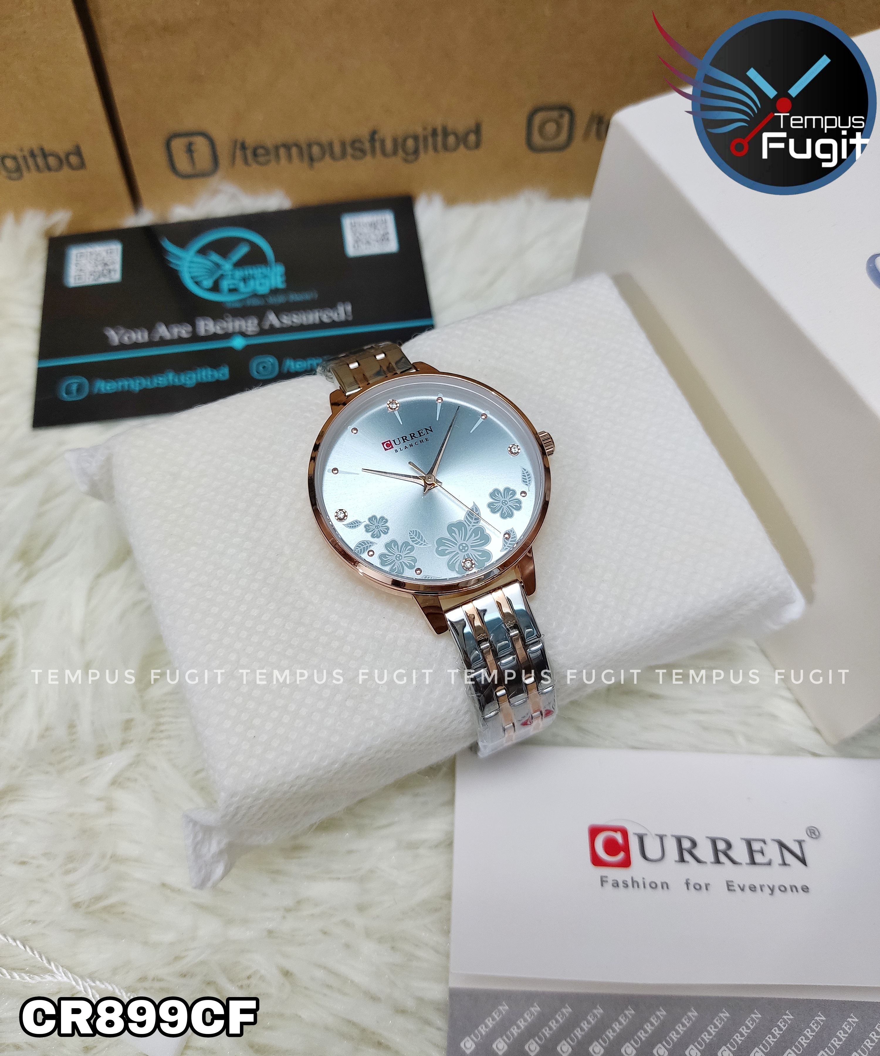 Curren 9068 Ladies Chain Watch- Floral Sea Blue Dial- Rose Golden Bezel- Rose Golden+Silver Chain- TF Code CR899CF_img_12