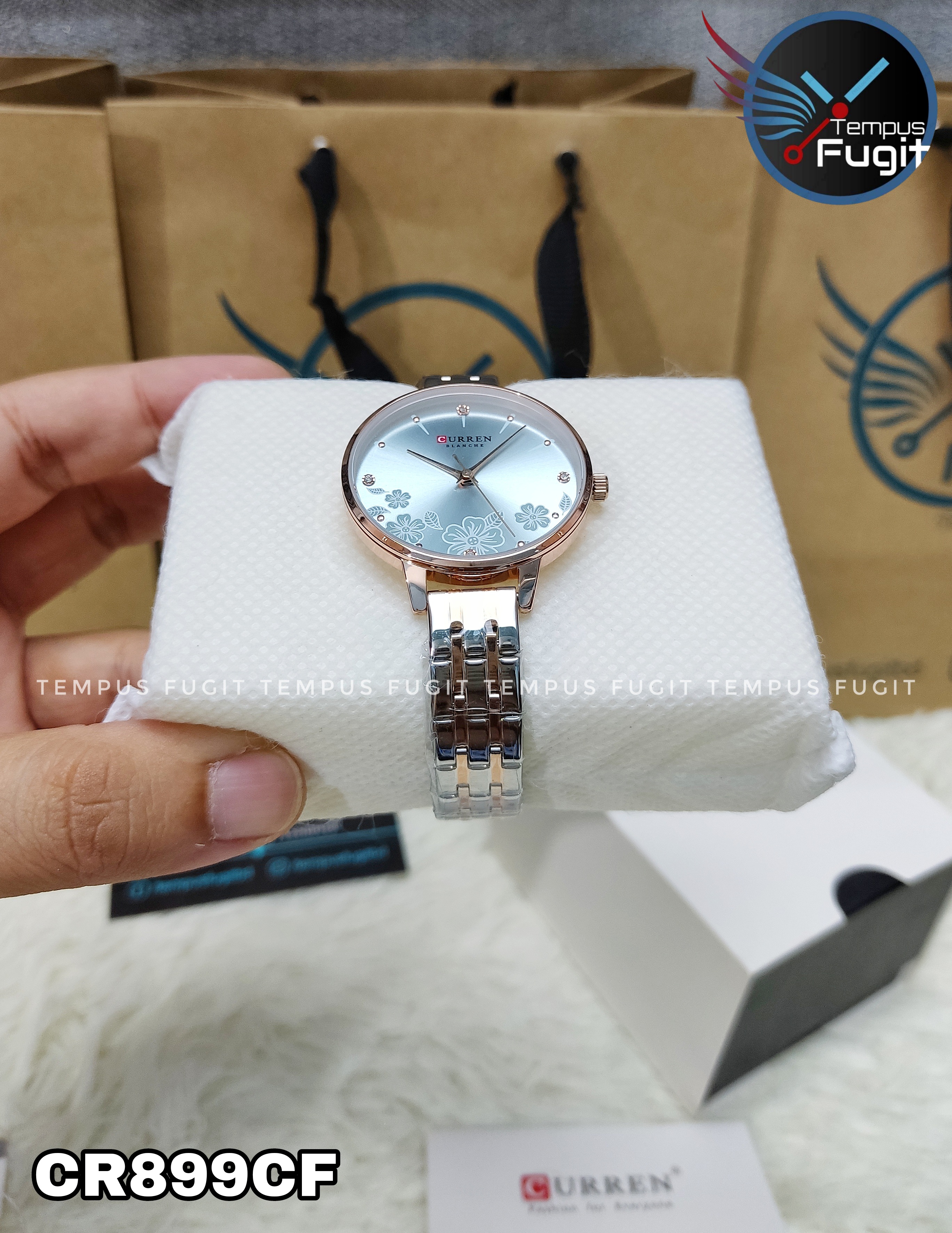 Curren 9068 Ladies Chain Watch- Floral Sea Blue Dial- Rose Golden Bezel- Rose Golden+Silver Chain- TF Code CR899CF_img_13