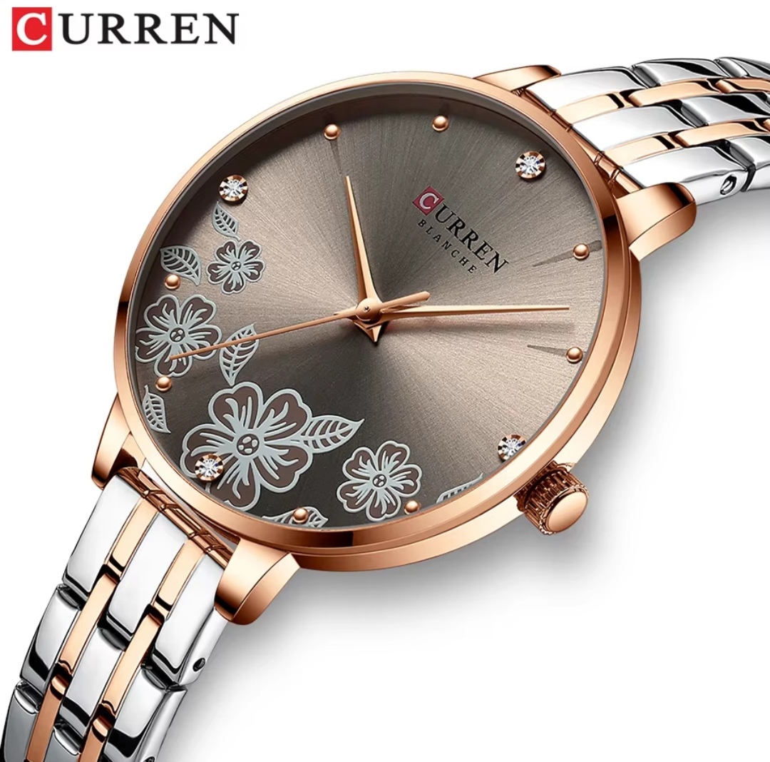 Curren 9068 Ladies Chain Watch- Floral Brown Dial- Rose Golden Bezel- Rose Golden+Silver Chain- TF Code CR869CF_img_1