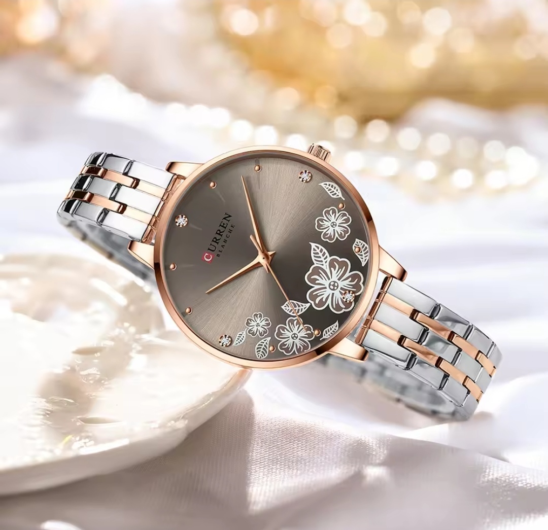 Curren 9068 Ladies Chain Watch- Floral Brown Dial- Rose Golden Bezel- Rose Golden+Silver Chain- TF Code CR869CF_img_2