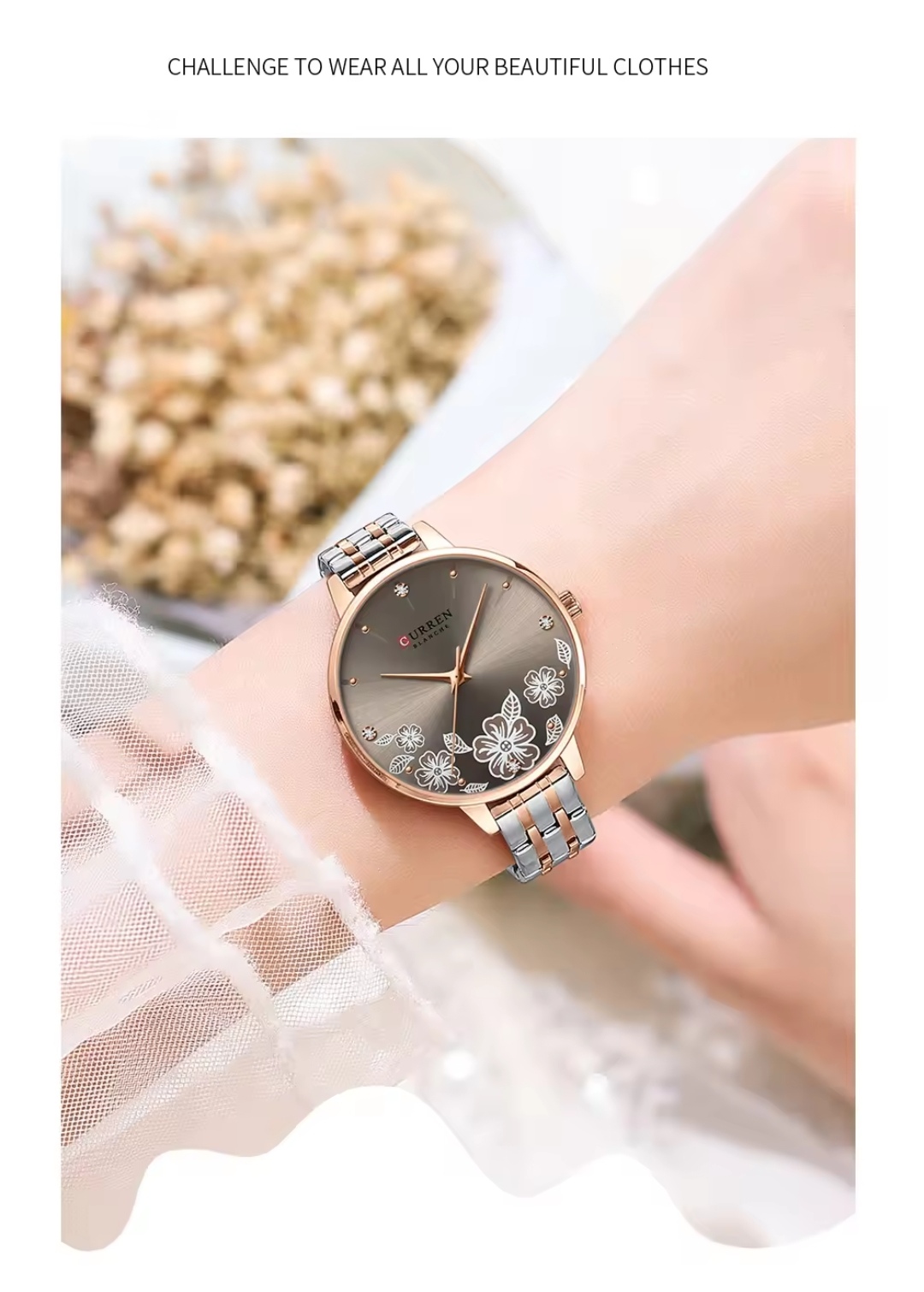 Curren 9068 Ladies Chain Watch- Floral Brown Dial- Rose Golden Bezel- Rose Golden+Silver Chain- TF Code CR869CF_img_3