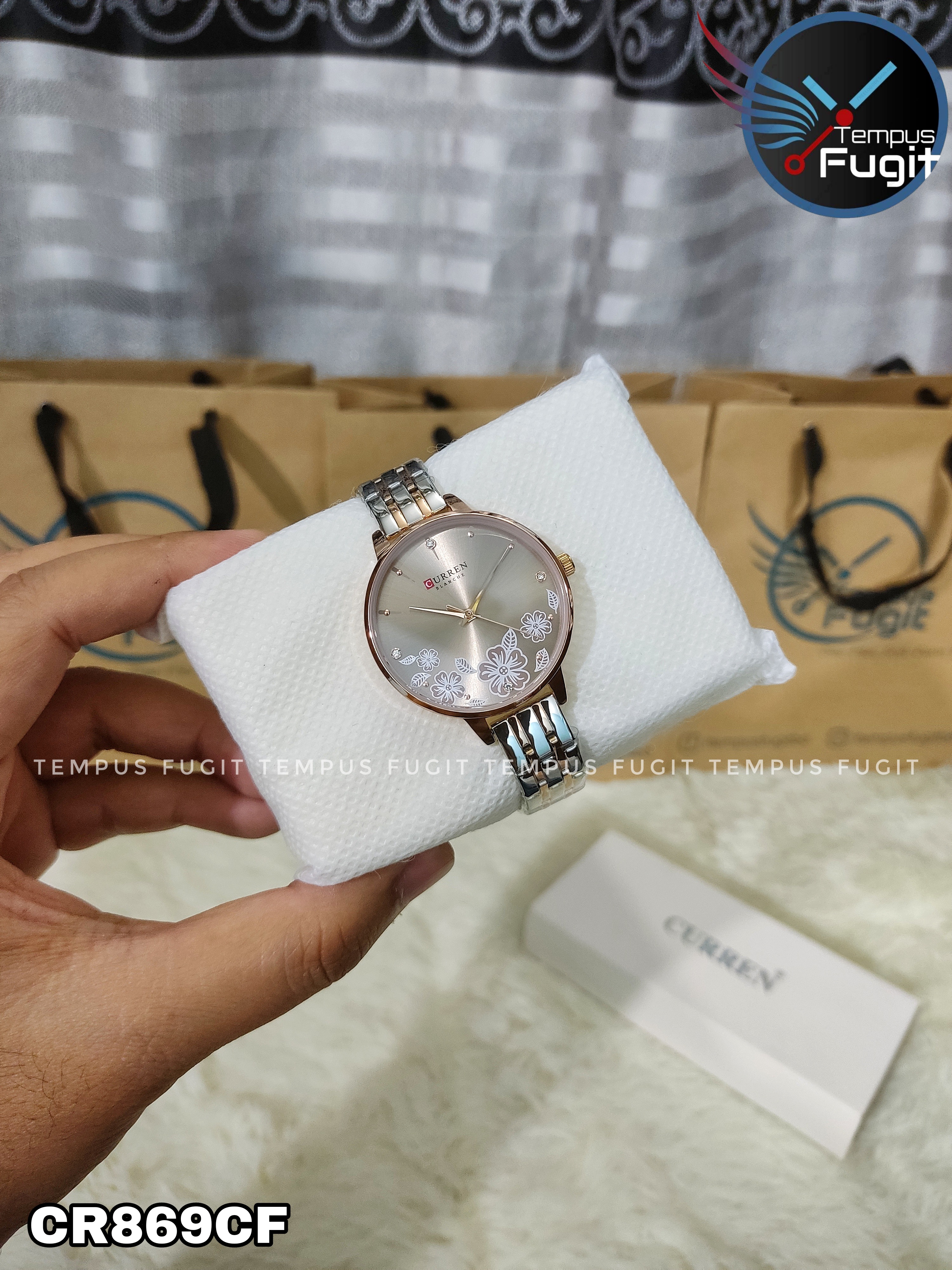 Curren 9068 Ladies Chain Watch- Floral Brown Dial- Rose Golden Bezel- Rose Golden+Silver Chain- TF Code CR869CF_img_4