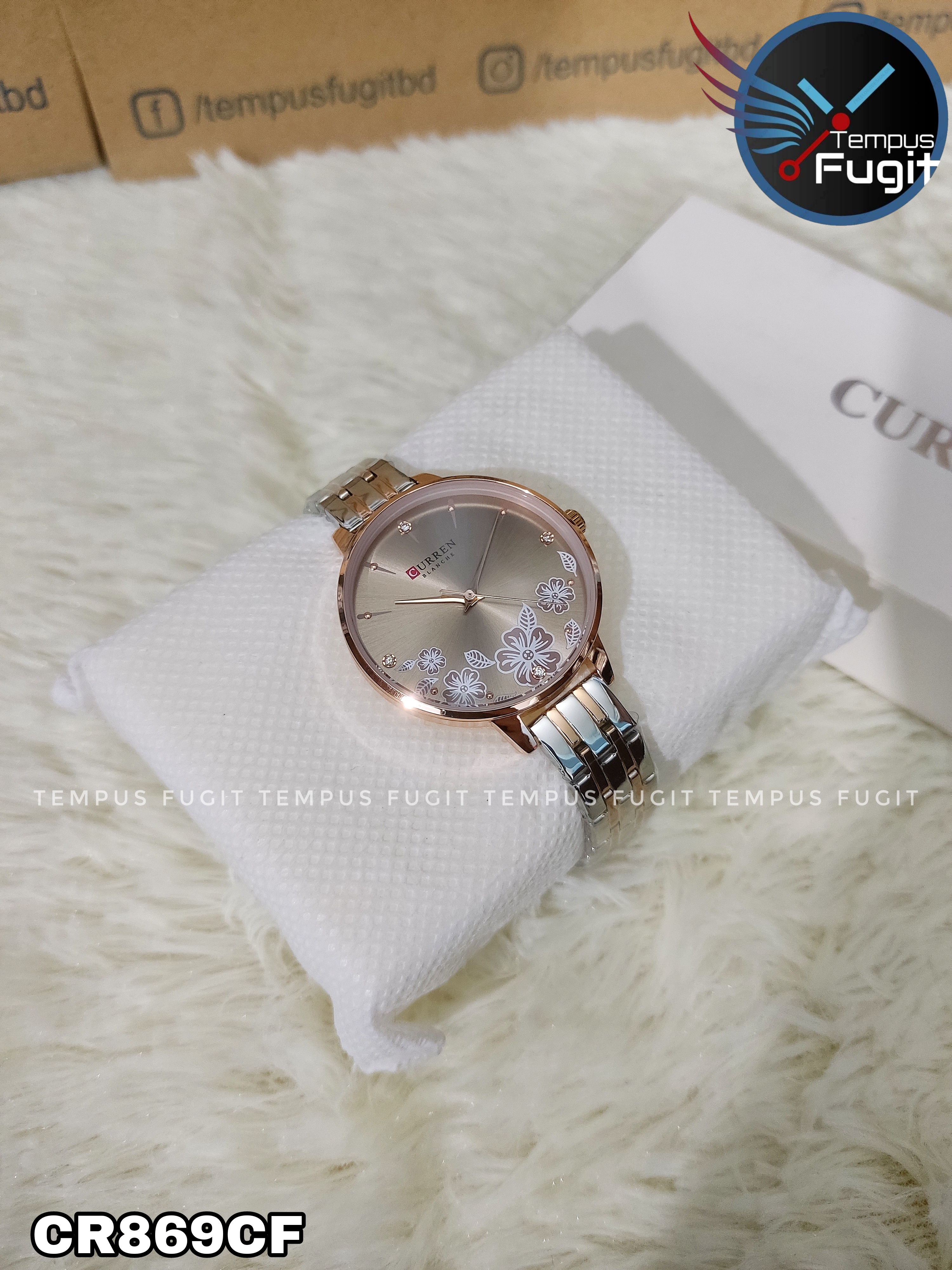 Curren 9068 Ladies Chain Watch- Floral Brown Dial- Rose Golden Bezel- Rose Golden+Silver Chain- TF Code CR869CF_img_5