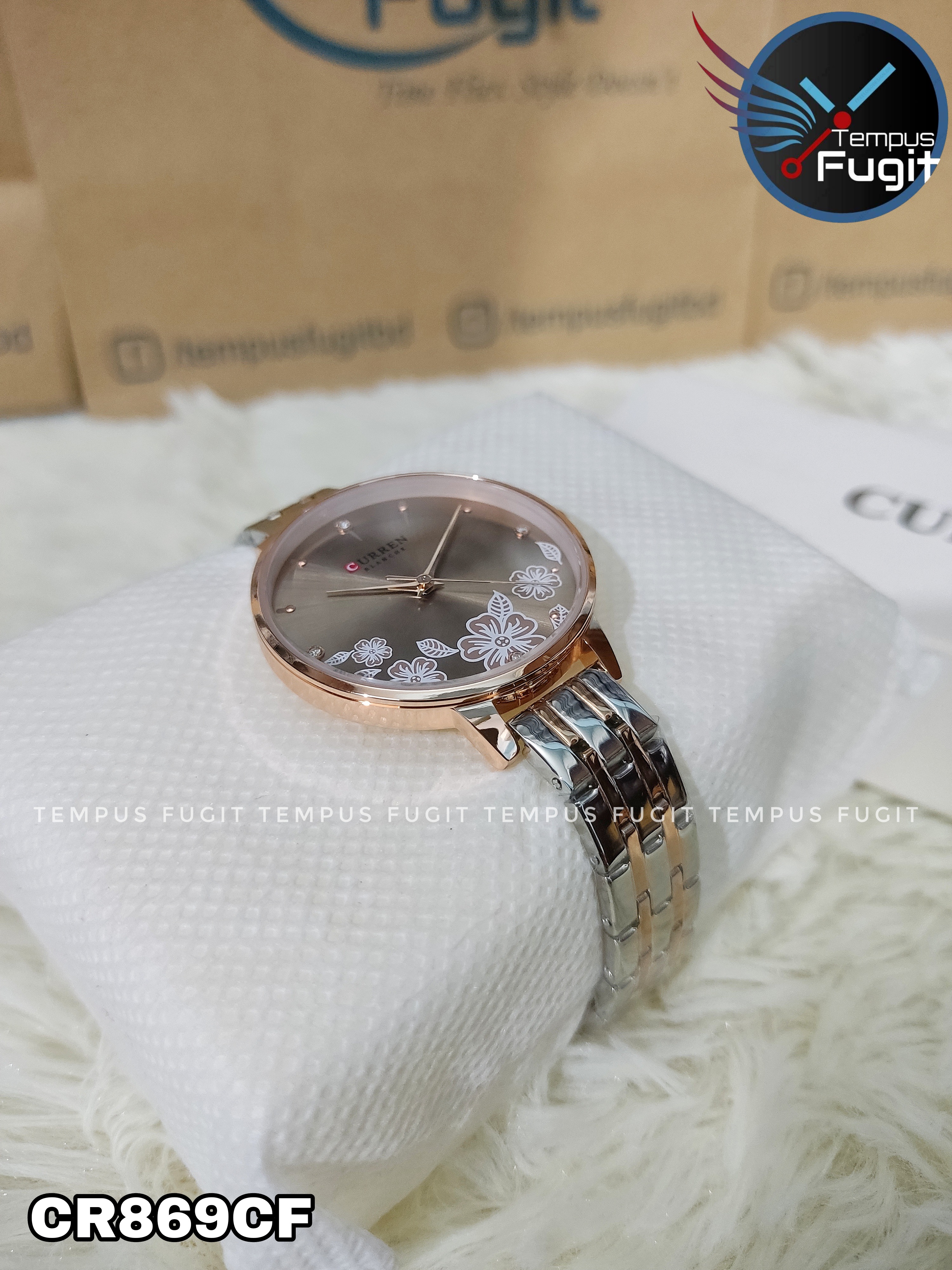 Curren 9068 Ladies Chain Watch- Floral Brown Dial- Rose Golden Bezel- Rose Golden+Silver Chain- TF Code CR869CF_img_6