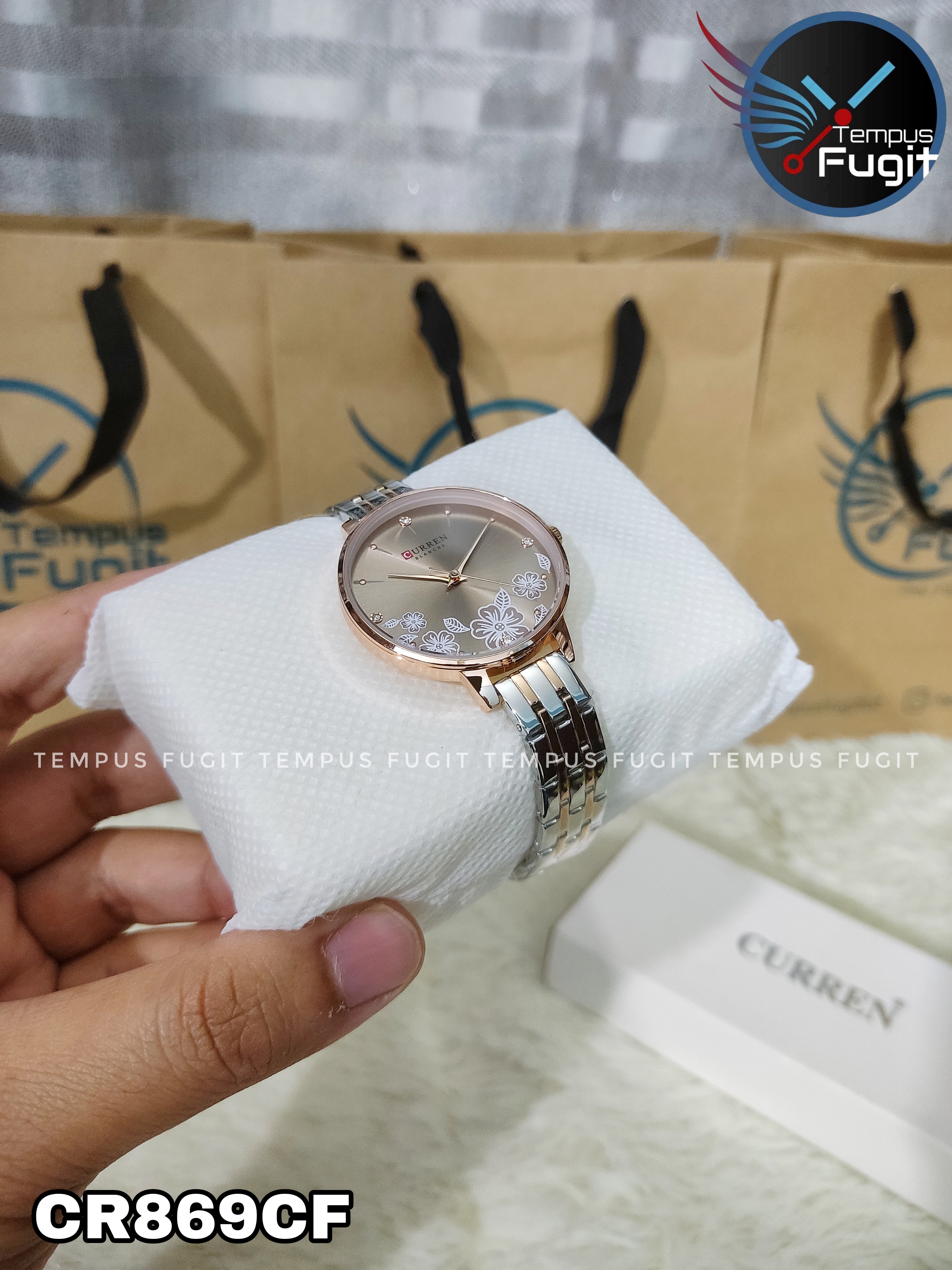 Curren 9068 Ladies Chain Watch- Floral Brown Dial- Rose Golden Bezel- Rose Golden+Silver Chain- TF Code CR869CF_img_7