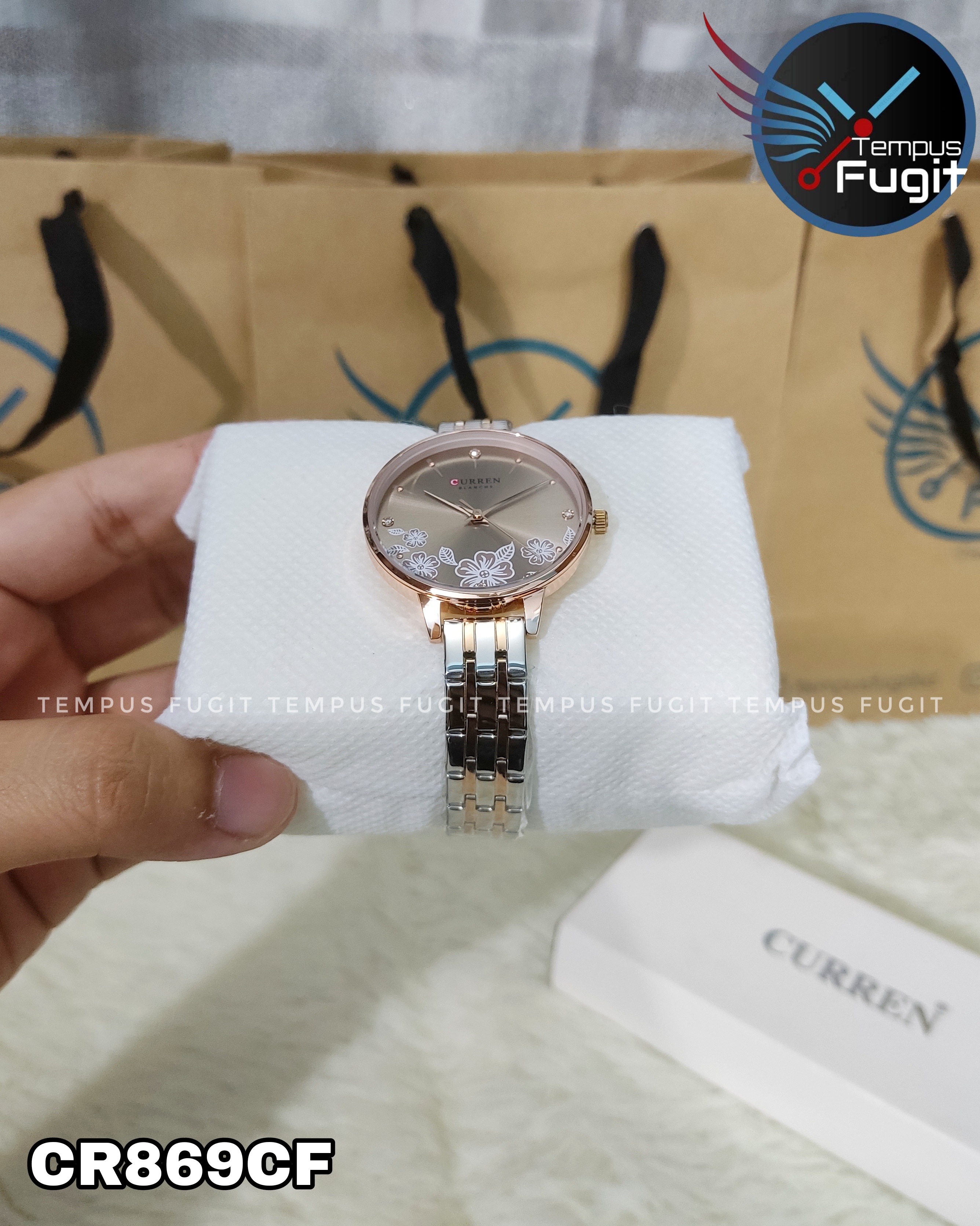 Curren 9068 Ladies Chain Watch- Floral Brown Dial- Rose Golden Bezel- Rose Golden+Silver Chain- TF Code CR869CF_img_8