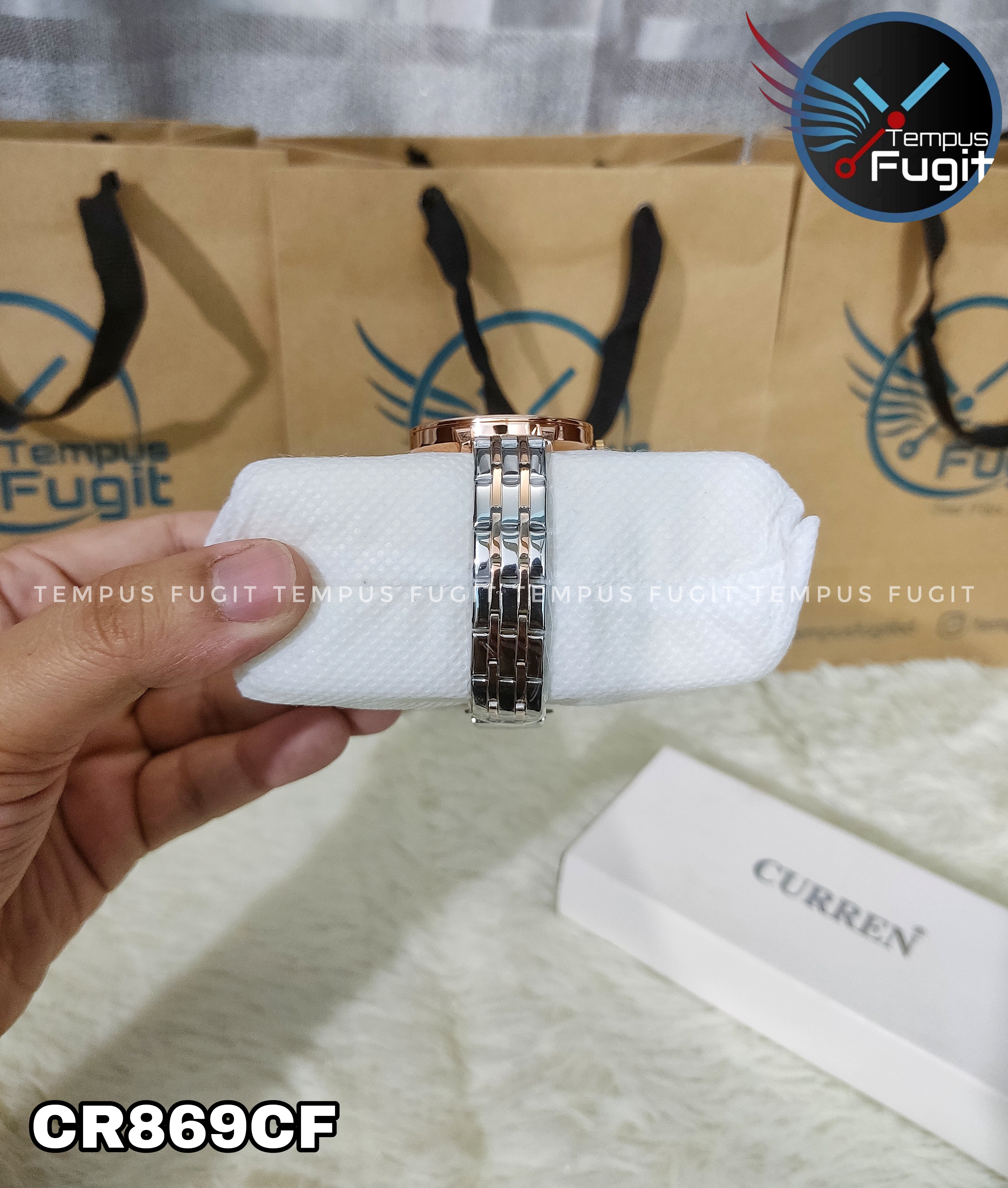 Curren 9068 Ladies Chain Watch- Floral Brown Dial- Rose Golden Bezel- Rose Golden+Silver Chain- TF Code CR869CF_img_9