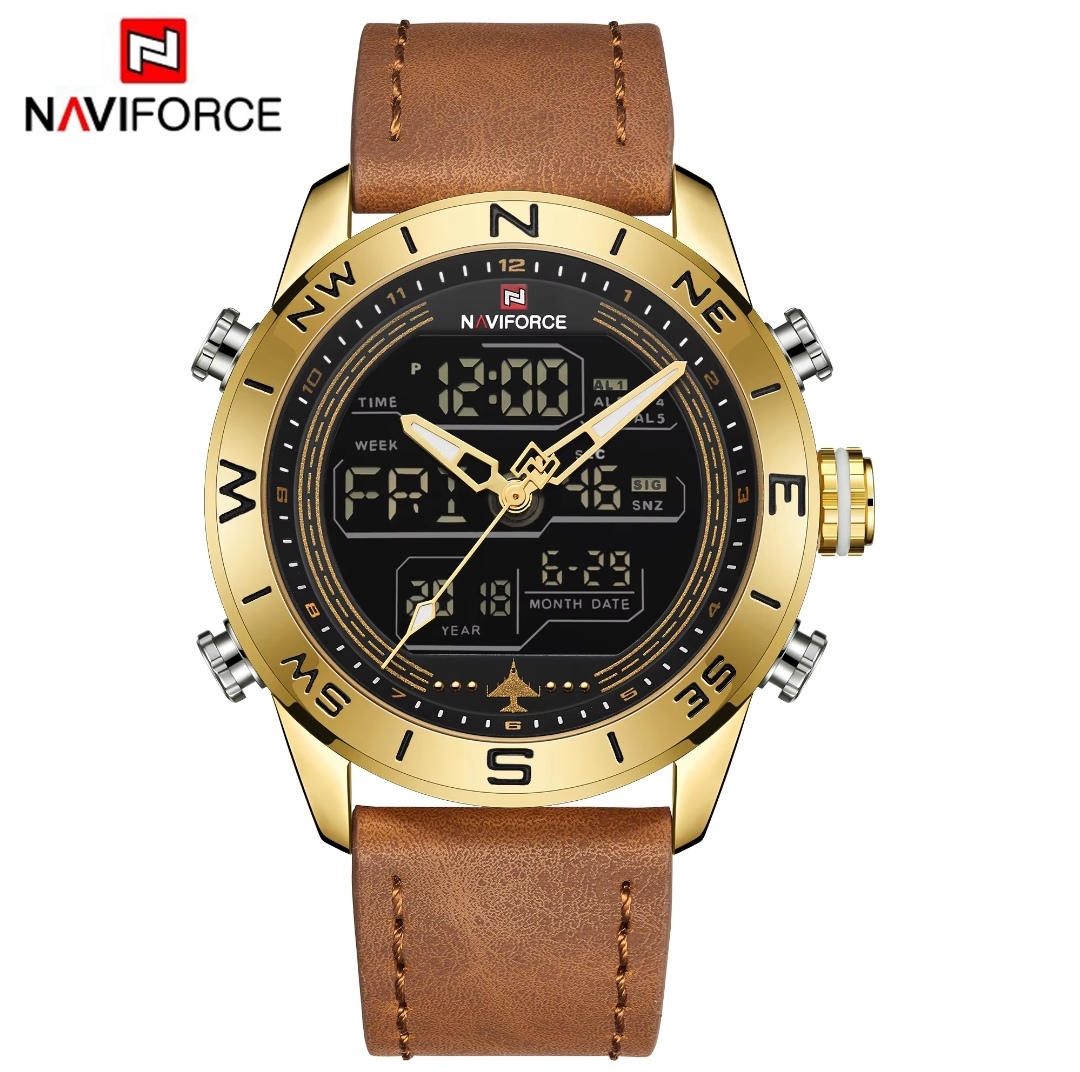 Naviforce 9144 Two Time Gents Belt Watch- Black+Golden Digital Dial - Golden Bezel- Brown Belt- TF Code NF913BM_img_0