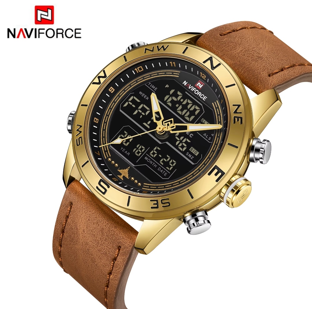 Naviforce 9144 Two Time Gents Belt Watch- Black+Golden Digital Dial - Golden Bezel- Brown Belt- TF Code NF913BM_img_1