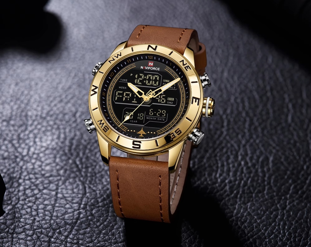 Naviforce 9144 Two Time Gents Belt Watch- Black+Golden Digital Dial - Golden Bezel- Brown Belt- TF Code NF913BM_img_2
