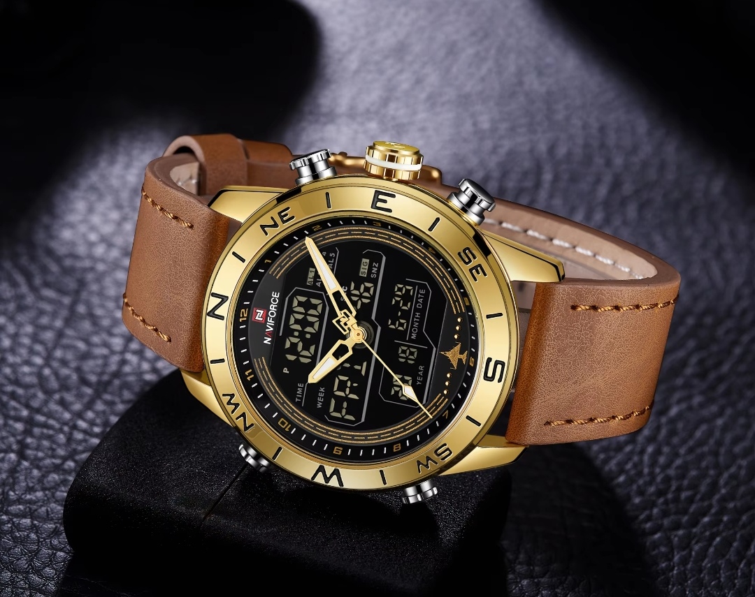 Naviforce 9144 Two Time Gents Belt Watch- Black+Golden Digital Dial - Golden Bezel- Brown Belt- TF Code NF913BM_img_3