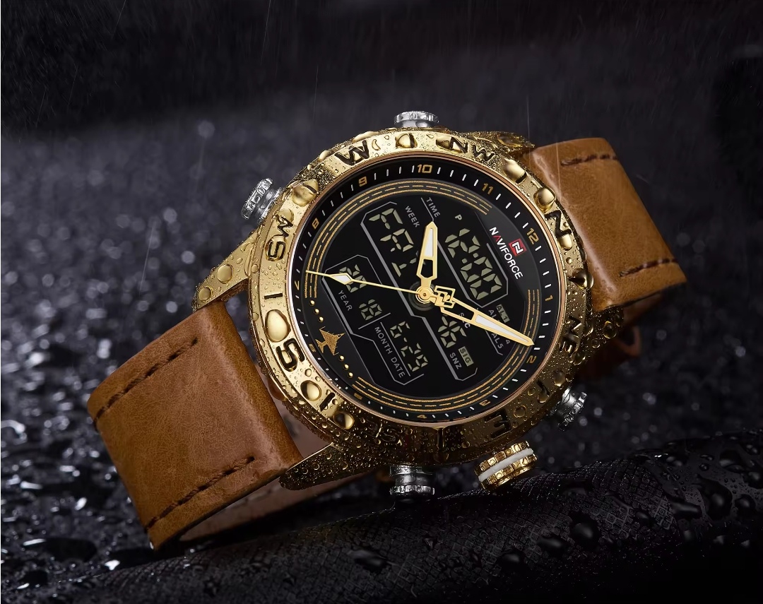 Naviforce 9144 Two Time Gents Belt Watch- Black+Golden Digital Dial - Golden Bezel- Brown Belt- TF Code NF913BM_img_4