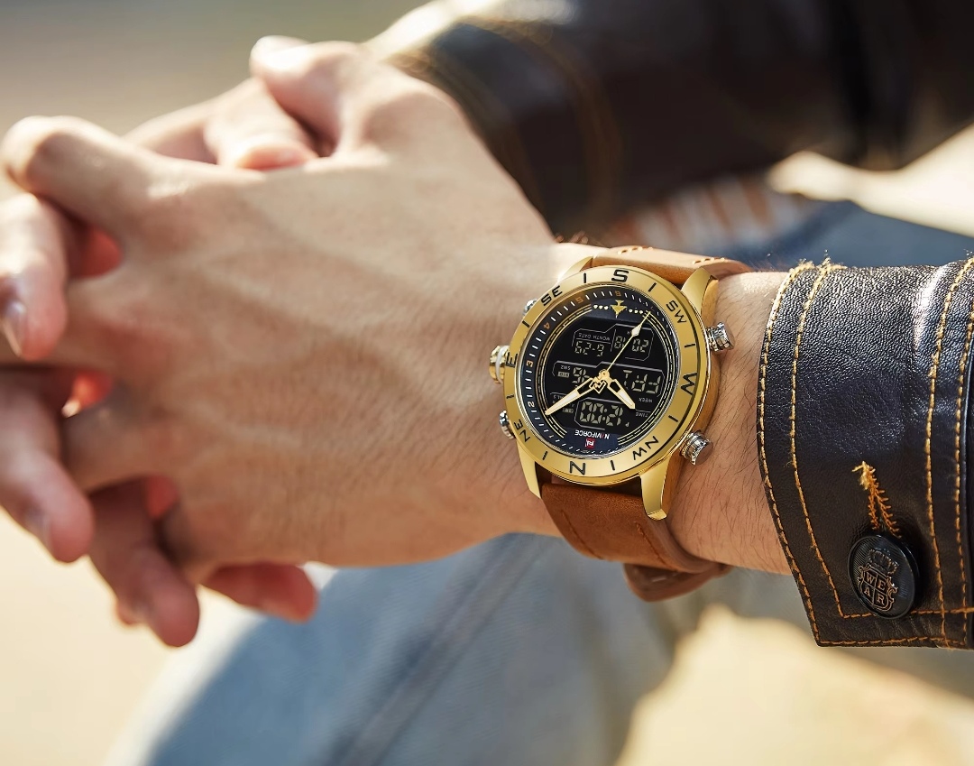 Naviforce 9144 Two Time Gents Belt Watch- Black+Golden Digital Dial - Golden Bezel- Brown Belt- TF Code NF913BM_img_5